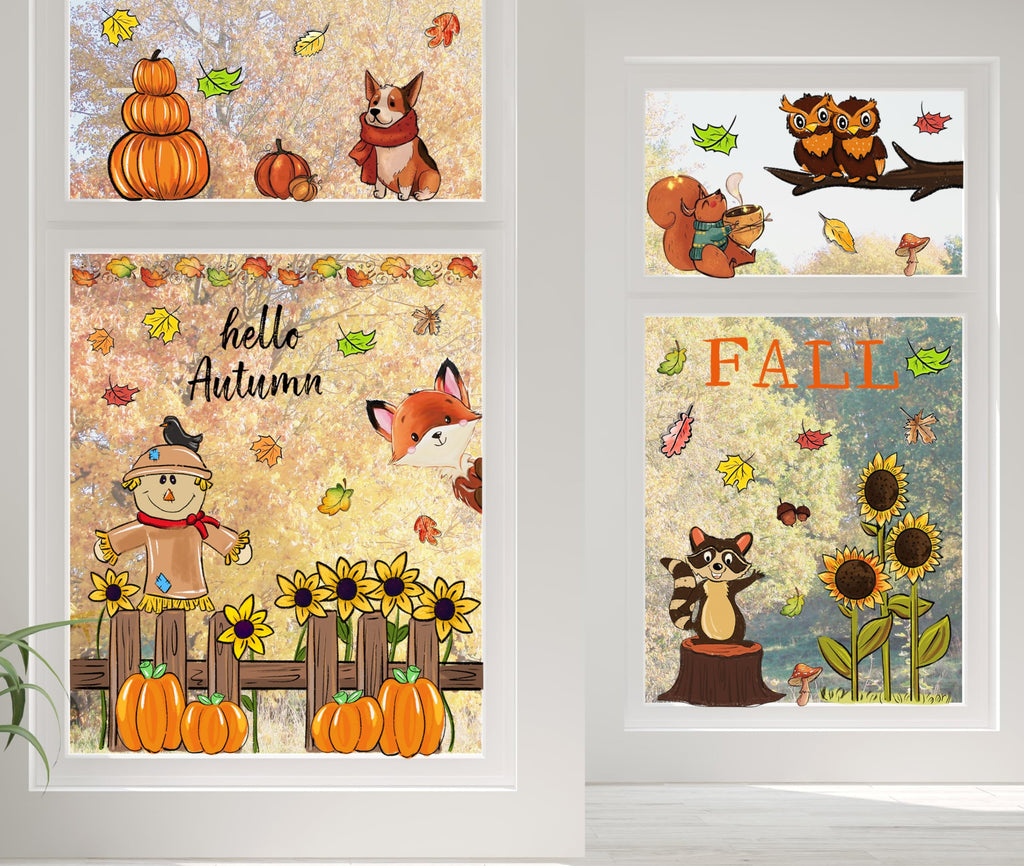 OWUH Fall Window Clings 6 Sheets Pumpkin Maple Leaves Scarecrow Brown