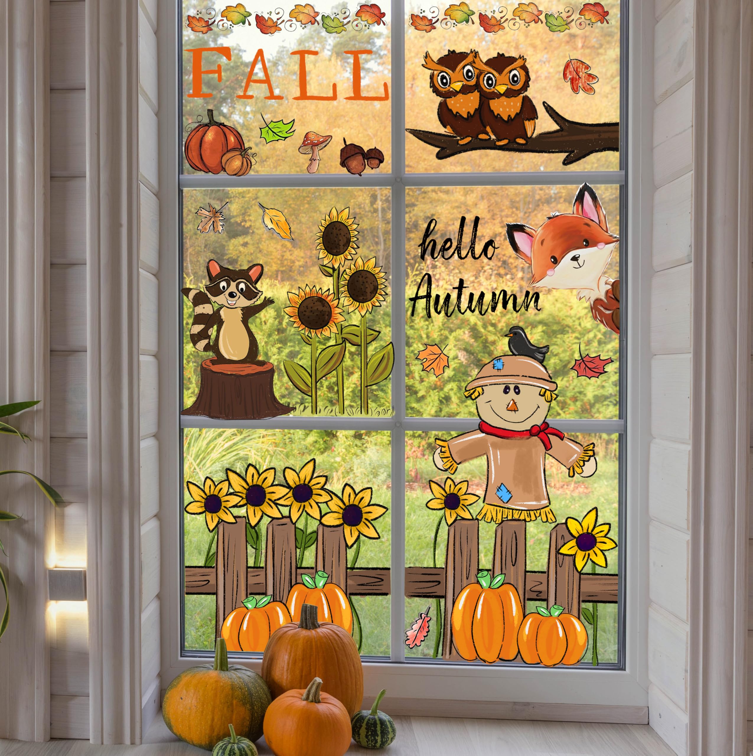 OWUH Fall Window Clings 6 Sheets Pumpkin Maple Leaves Scarecrow Brown