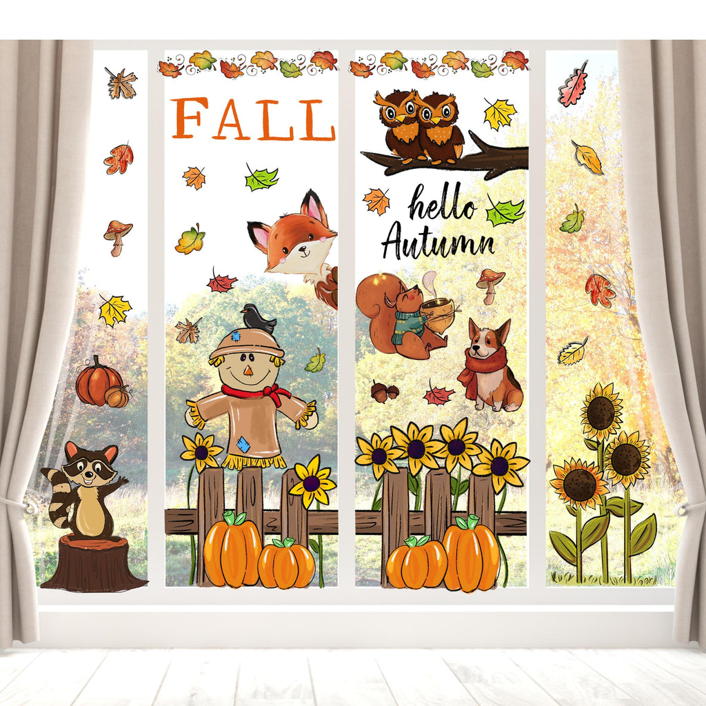 OWUH Fall Window Clings 6 Sheets Pumpkin Maple Leaves Scarecrow Brown