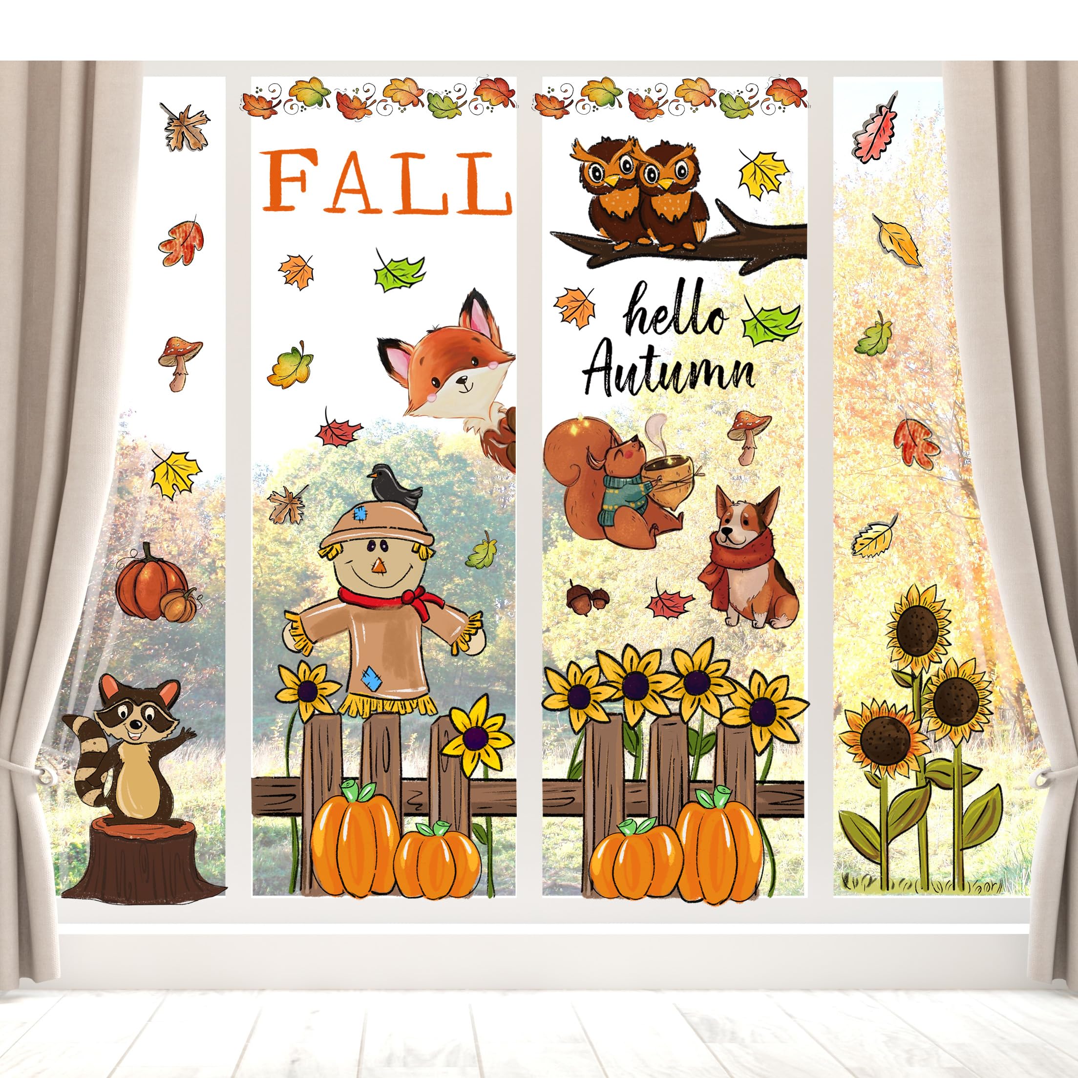 OWUH Fall Window Clings 6 Sheets Pumpkin Maple Leaves Scarecrow Brown