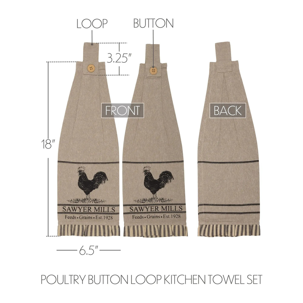 Sawyer Mill Charcoal Rooster Tea Towel Set - Farmhouse Kitchen Decor