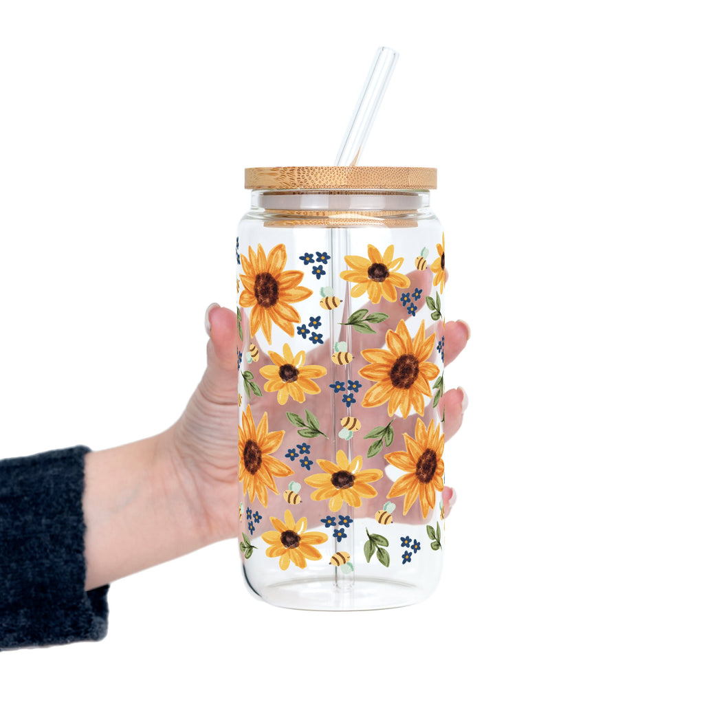 Sunflower With Bees Glass Cup, Mug & Tumbler with Lid and Straw