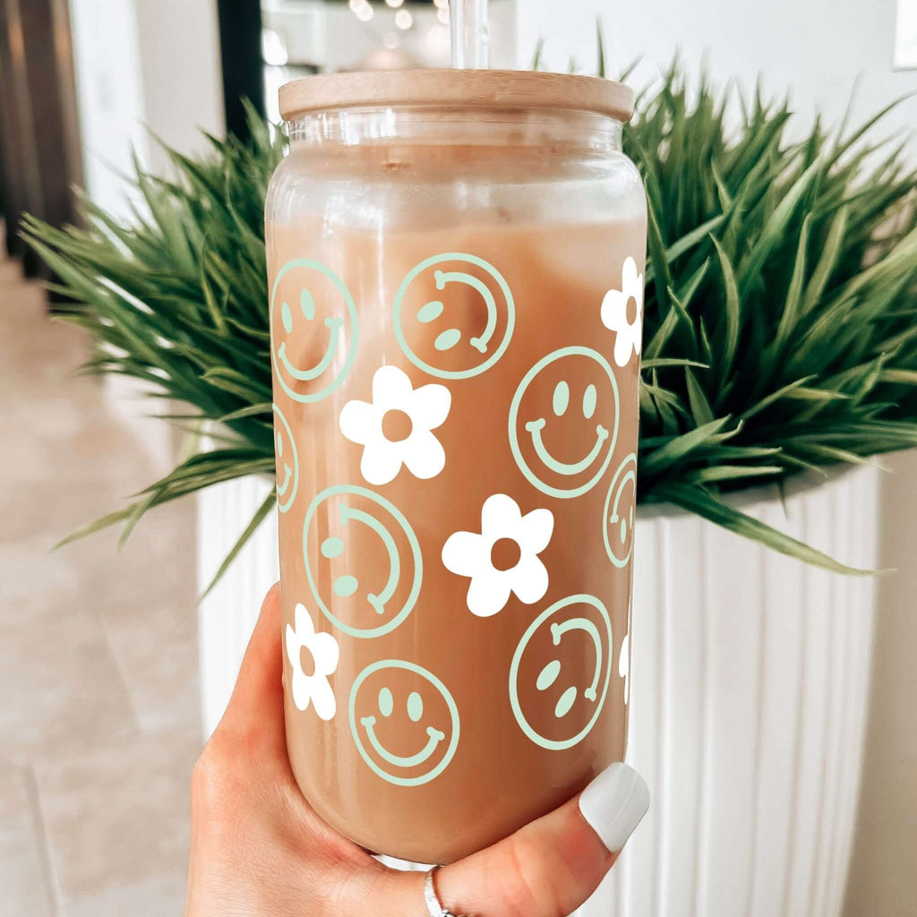 Cute Smiley Daisy Glass Cup, Mug & Tumbler with Lid and Straw