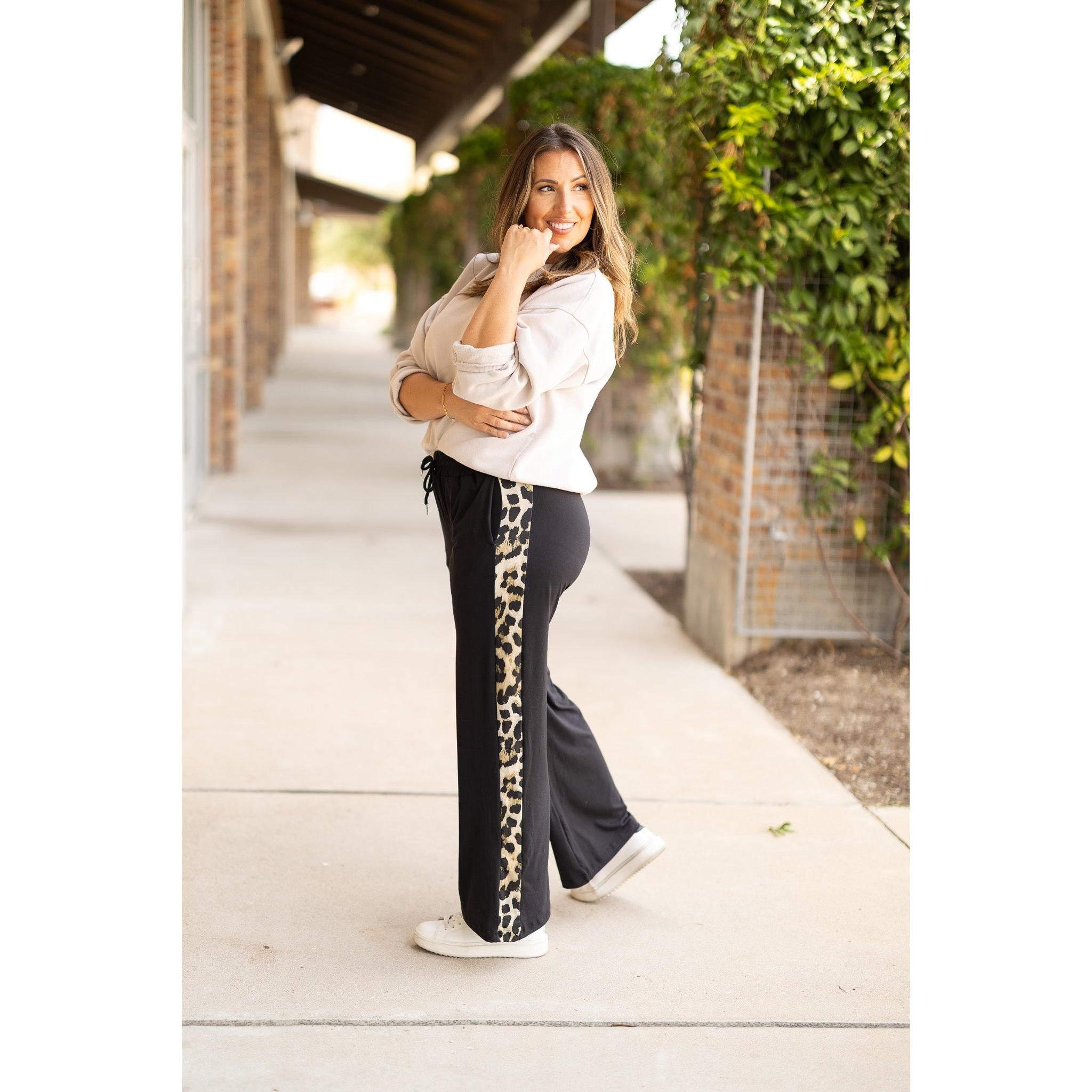Chelsea - Black Wide Leg with Leopard Panel Loungers