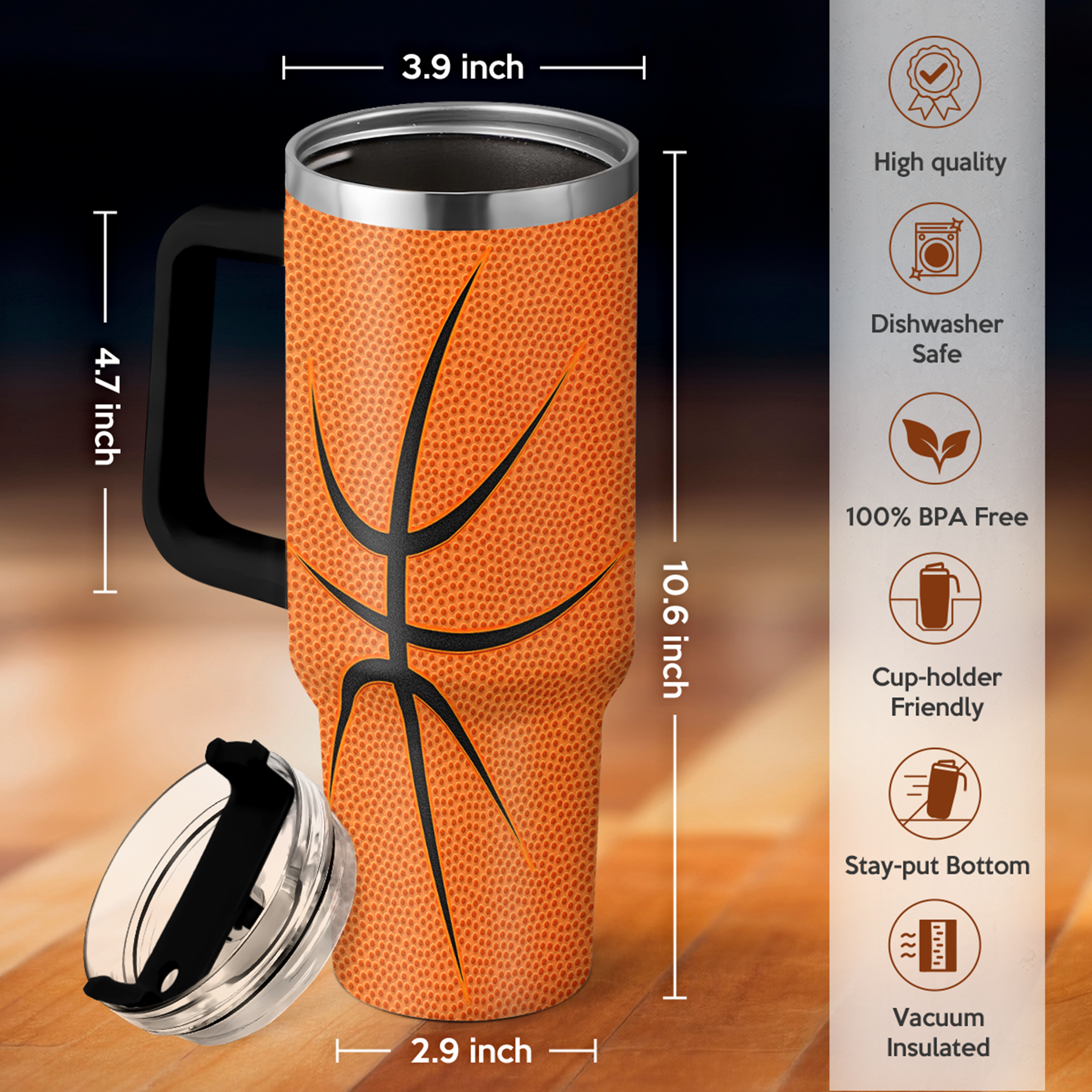 Orange Basketball Quencher Tumbler with Handle 40oz