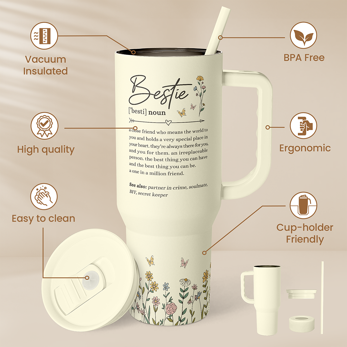 Beige Best Friend Slidemate | Slider Tumbler with Handle 40oz