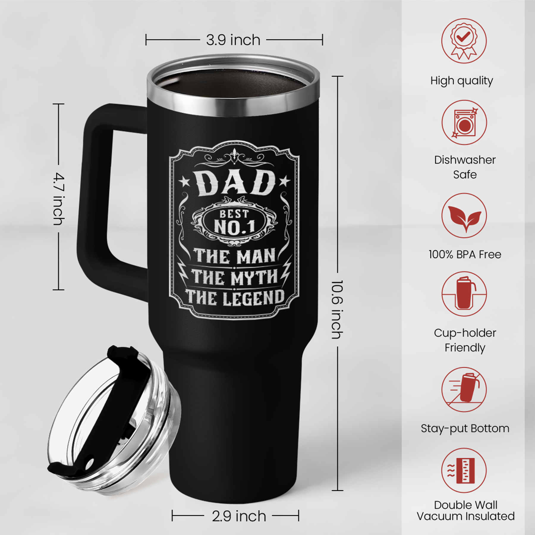 Black Dad Daddy The Man The Myth The Legend Quencher Tumbler with Handle 40oz