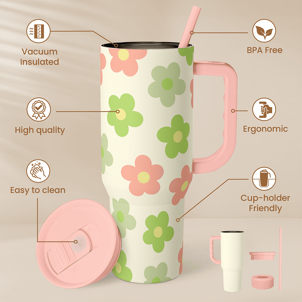 Beige Daisy Slidemate | Slider Tumbler with Handle 40oz
