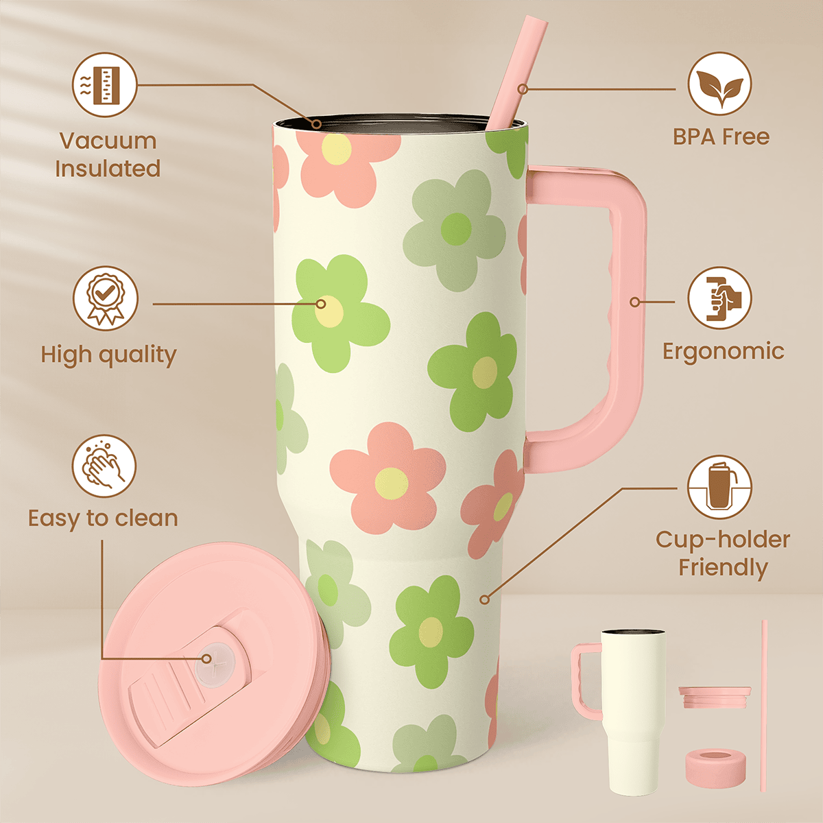 Beige Daisy Slidemate | Slider Tumbler with Handle 40oz