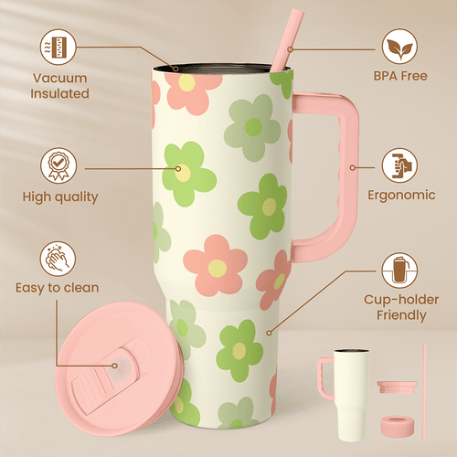 Beige Daisy Slidemate | Slider Tumbler with Handle 40oz