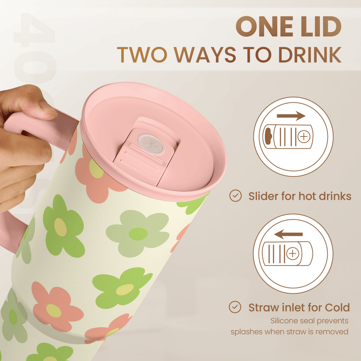 Beige Daisy Slidemate | Slider Tumbler with Handle 40oz