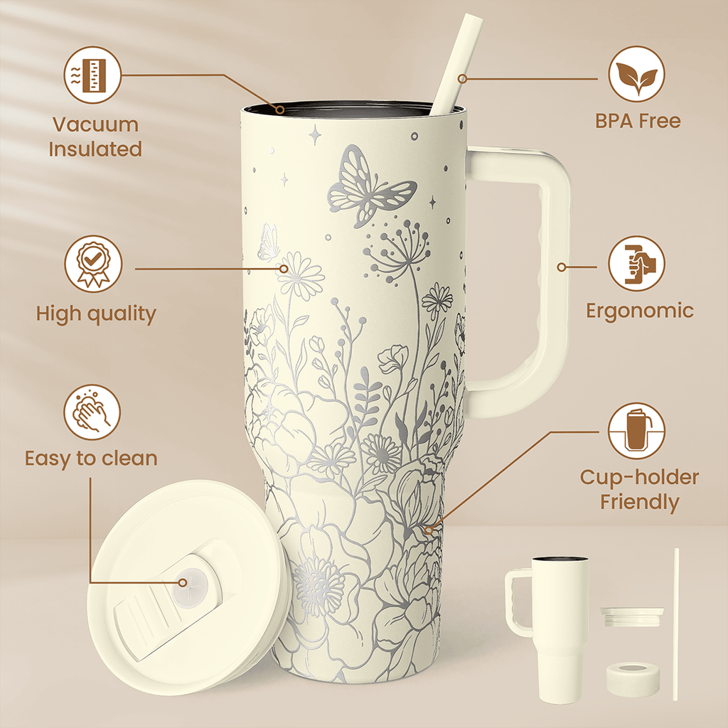 Beige Floral Slidemate | Slider Tumbler with Handle 40oz