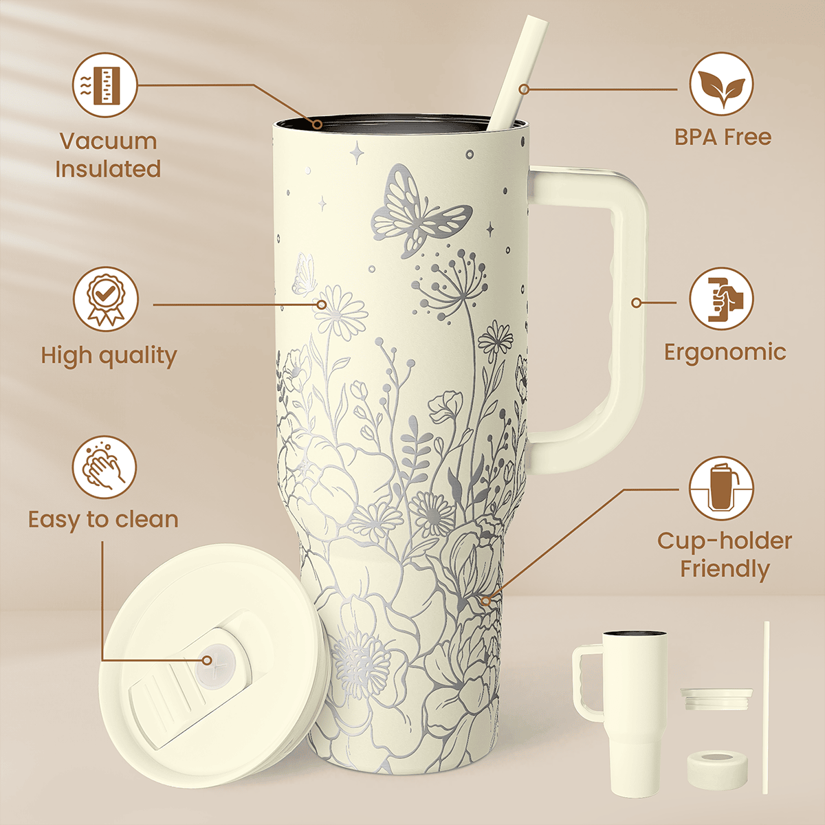 Beige Floral Slidemate | Slider Tumbler with Handle 40oz