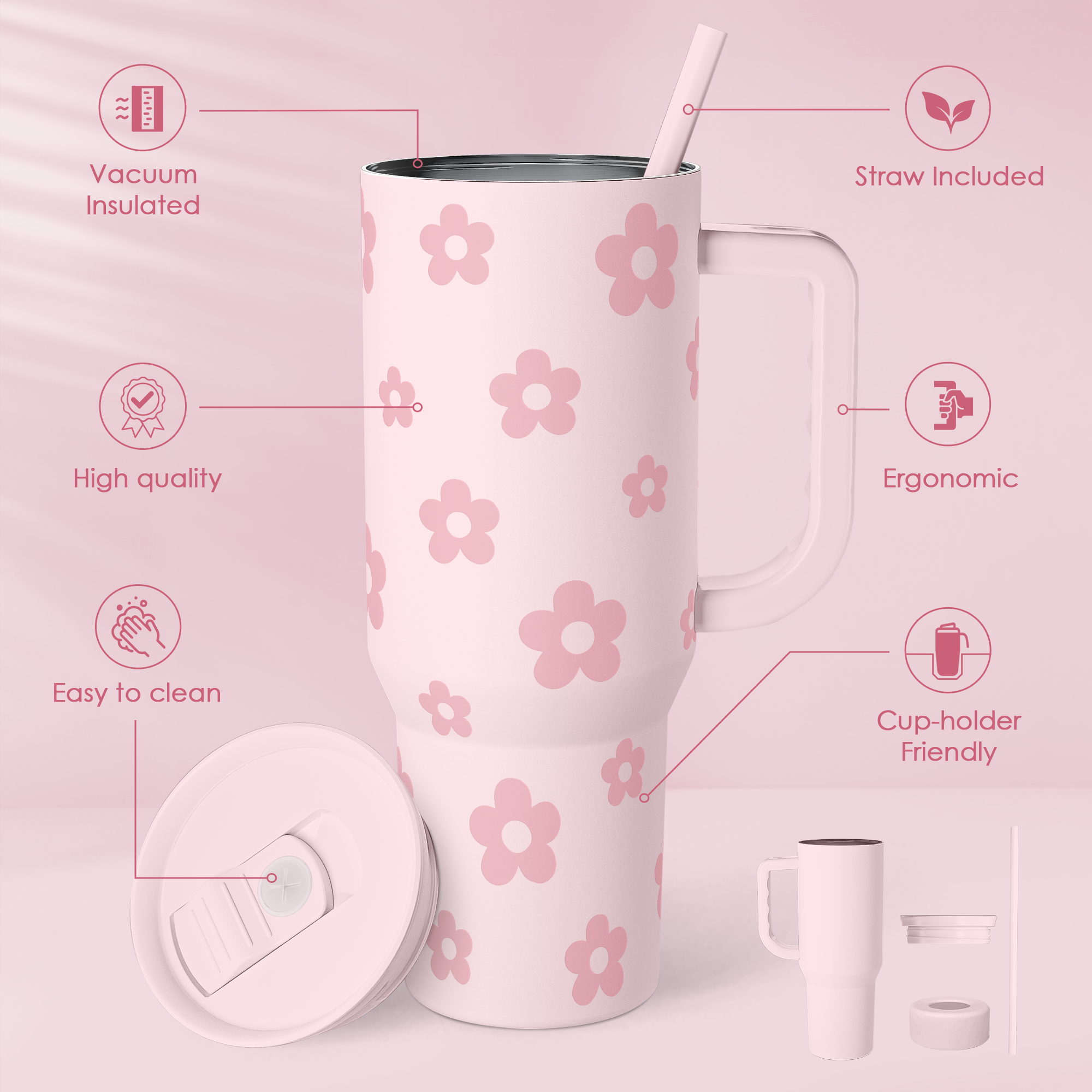 Pink Floral Slidemate | Slider Tumbler with Handle 40oz