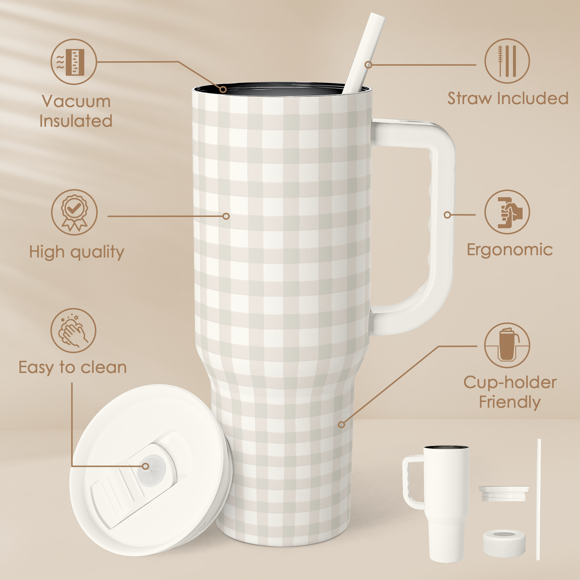 Grey Gingham Slidemate | Slider Tumbler with Handle 40oz