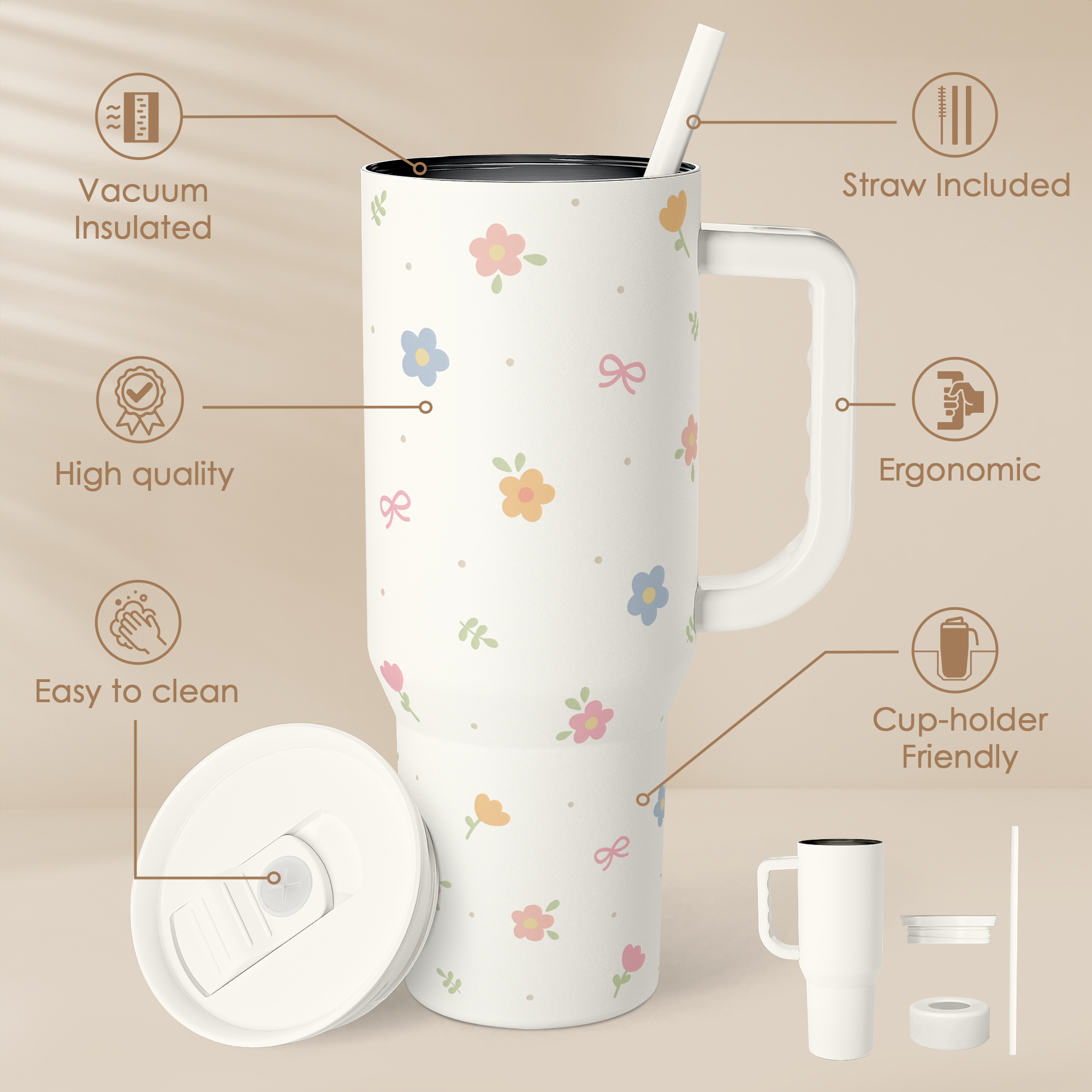 White Floral Slidemate | Slider Tumbler with Handle 40oz