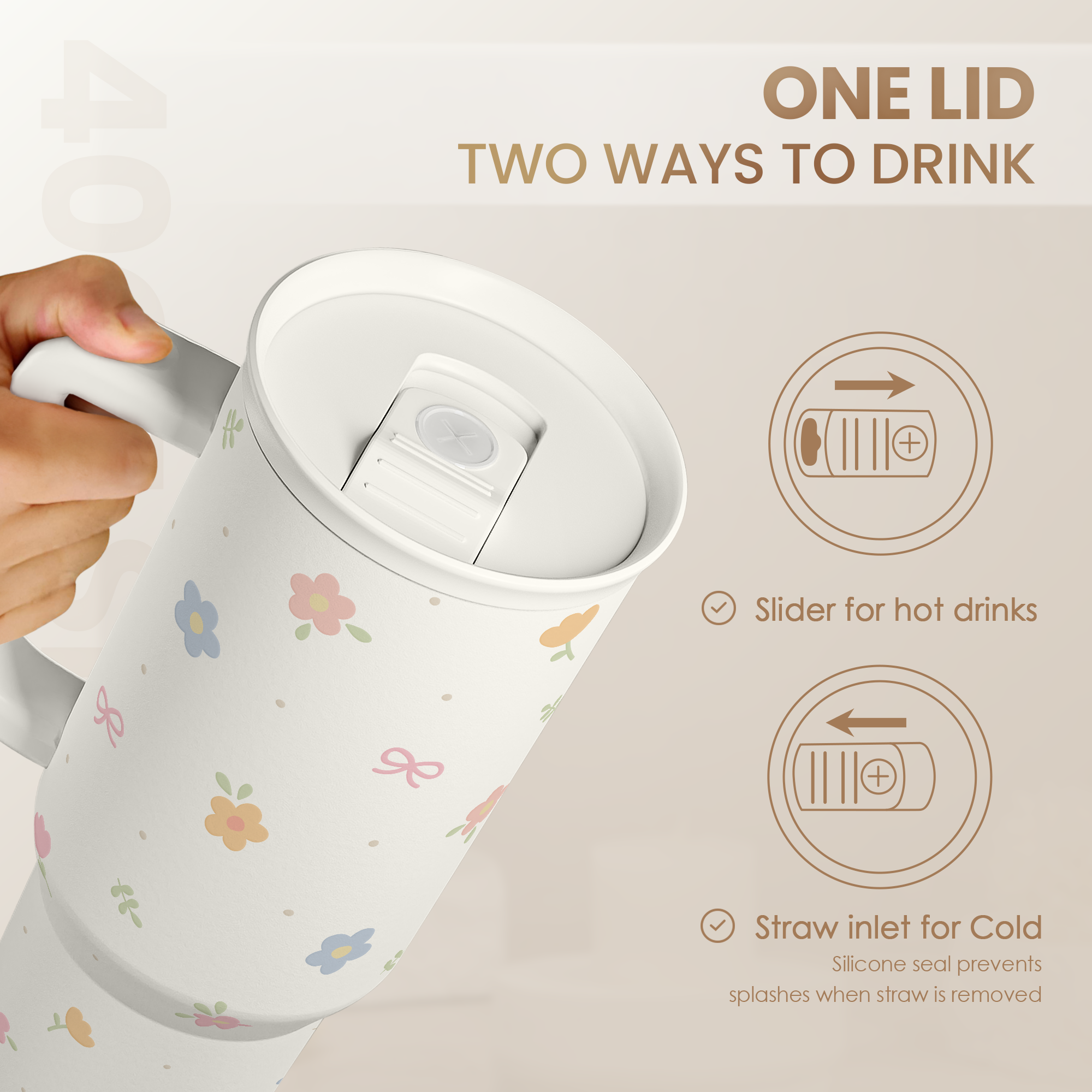 White Floral Slidemate | Slider Tumbler with Handle 40oz
