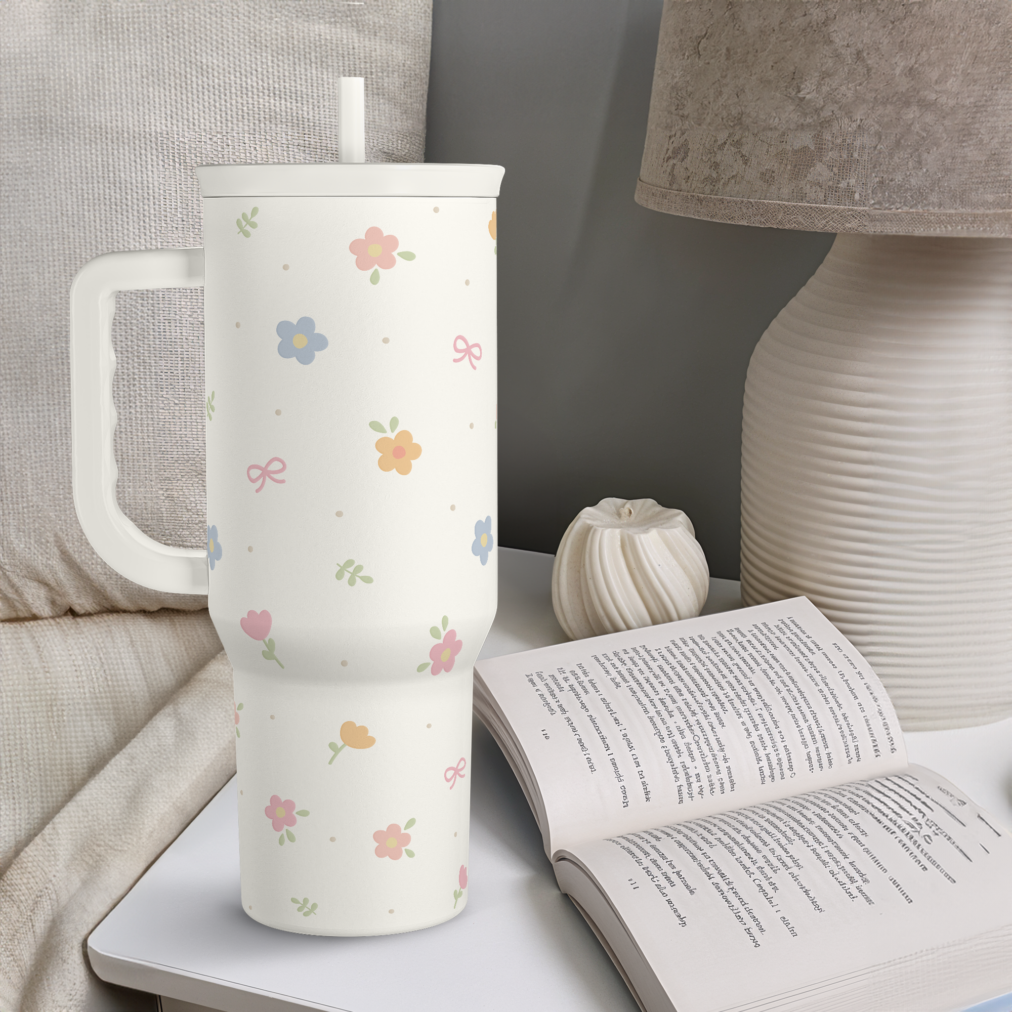 White Floral Slidemate | Slider Tumbler with Handle 40oz