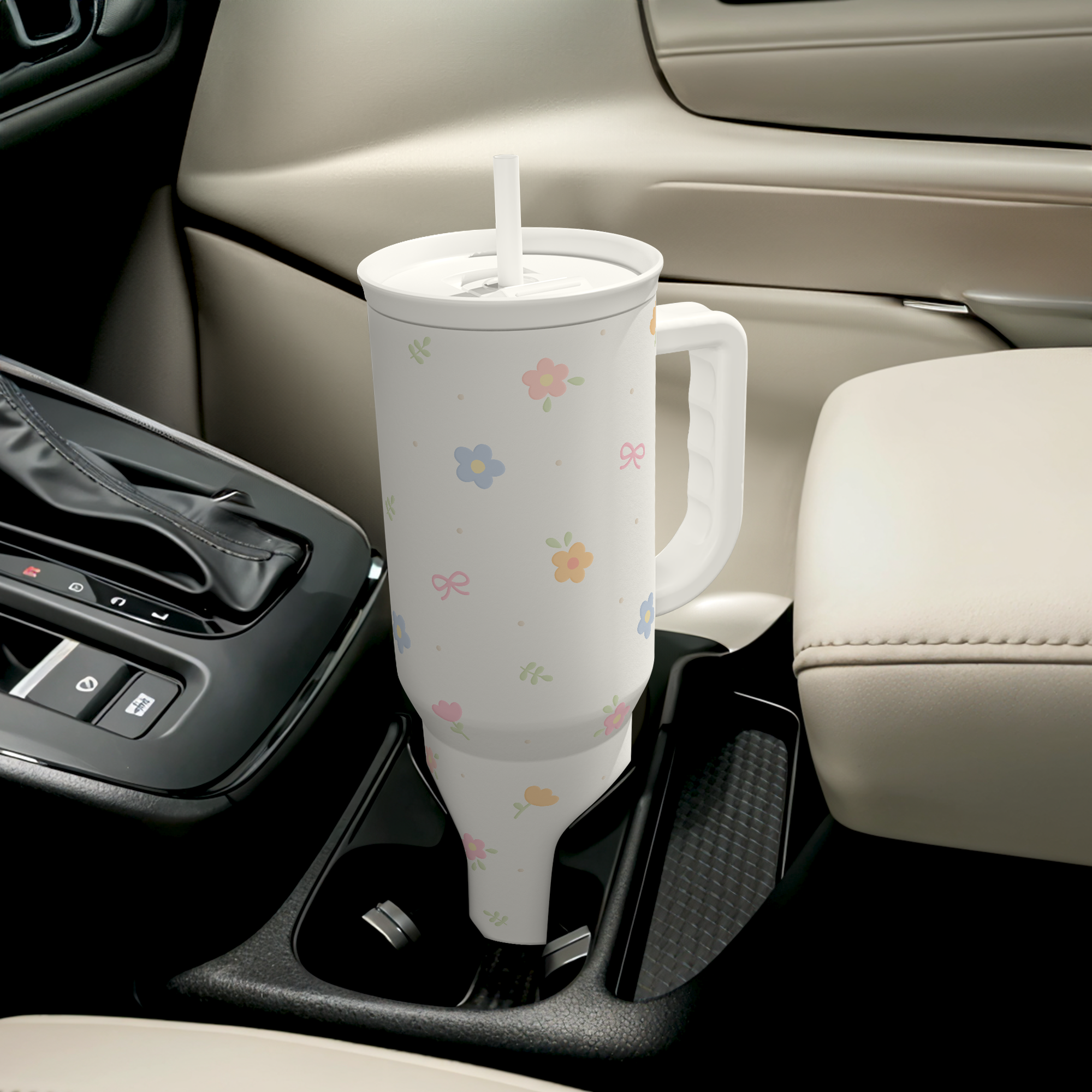 White Floral Slidemate | Slider Tumbler with Handle 40oz