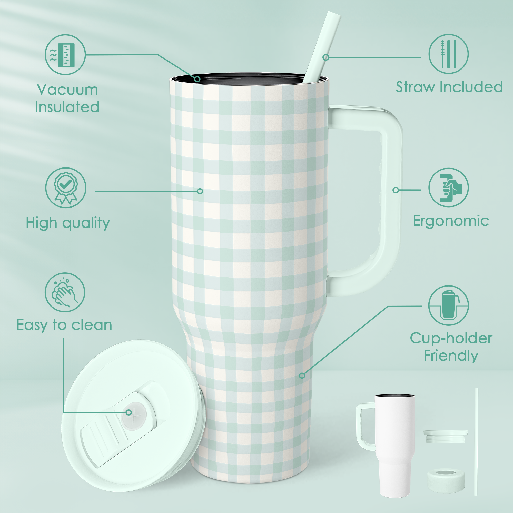 Mint Gingham Slidemate | Slider Tumbler with Handle 40oz
