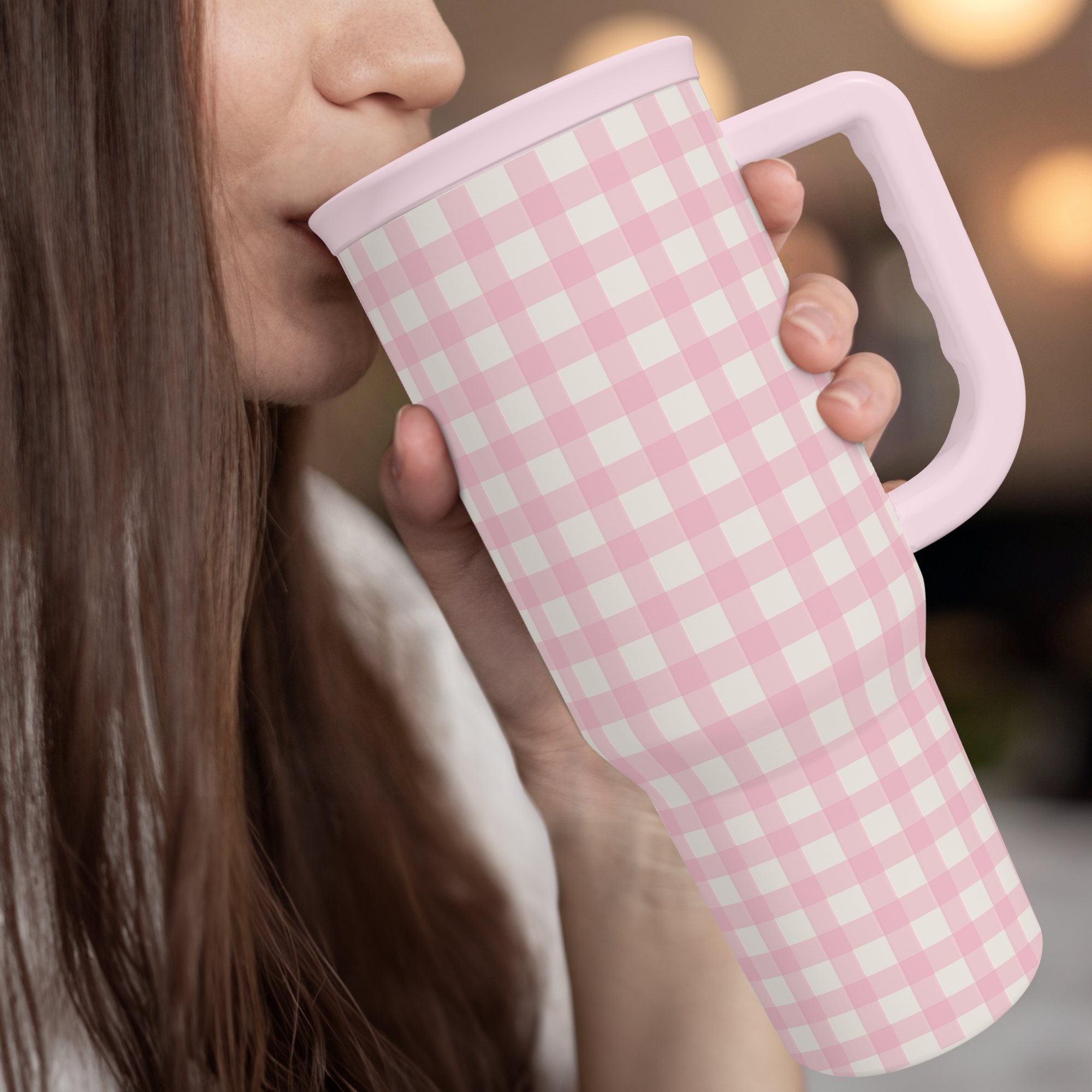 Pink Gingham Slidemate | Slider Tumbler with Handle 40oz