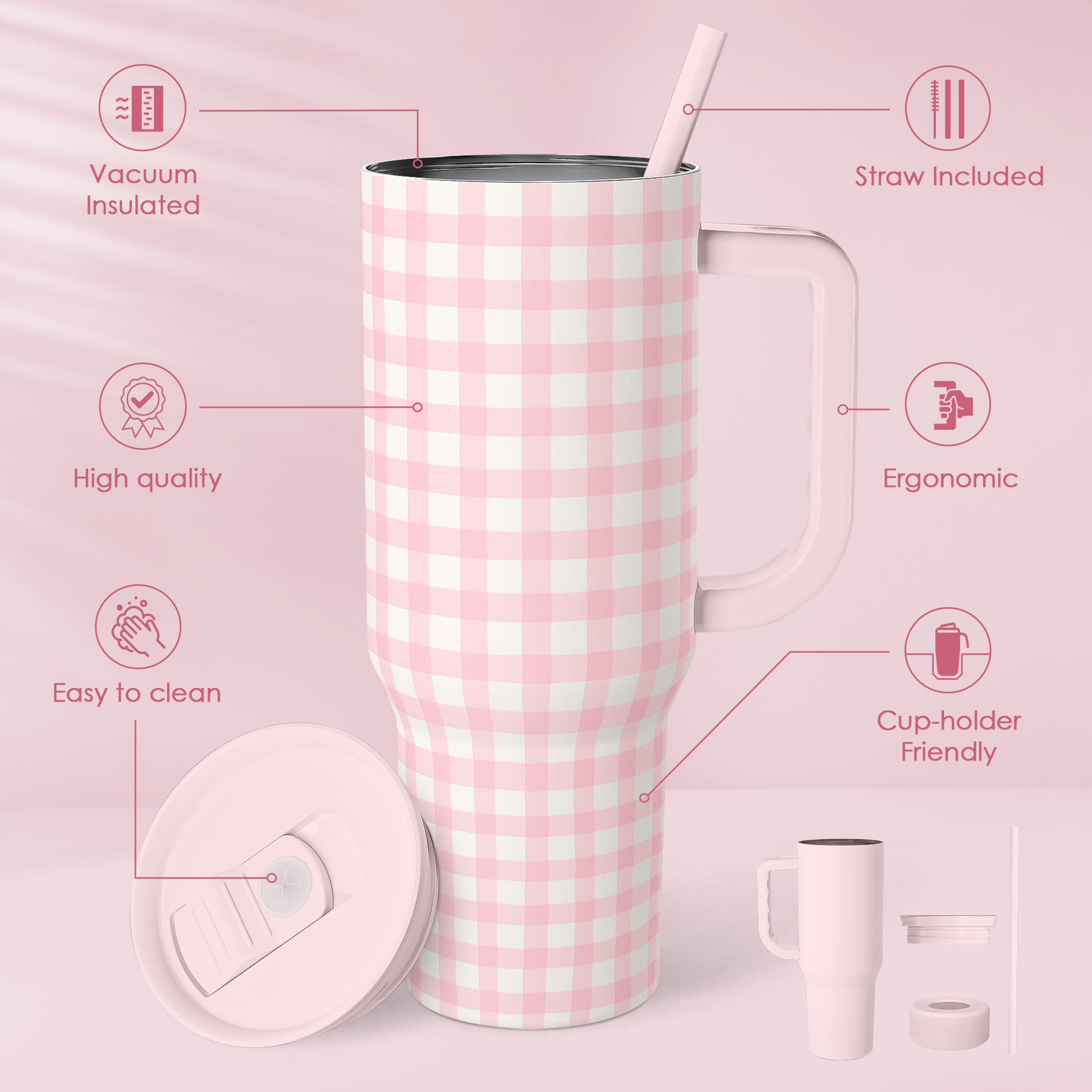 Pink Gingham Slidemate | Slider Tumbler with Handle 40oz