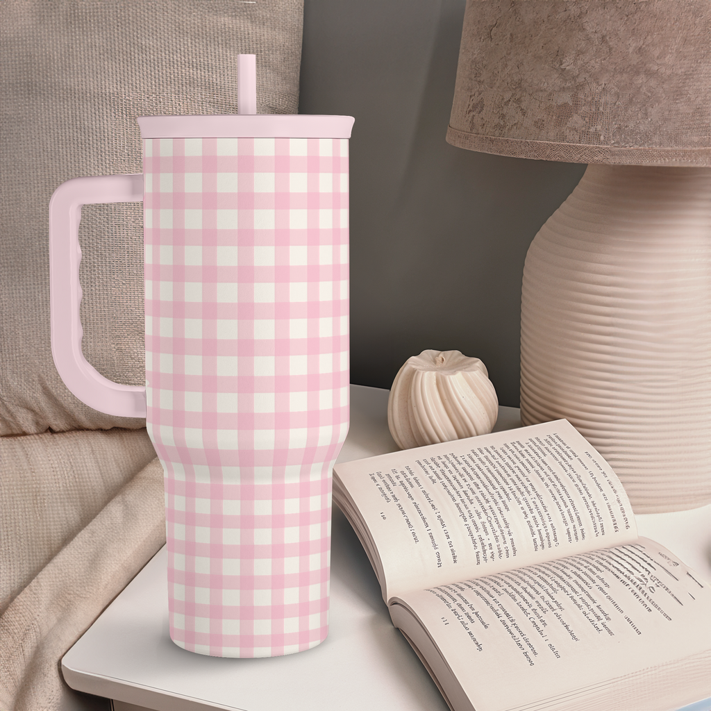 Pink Gingham Slidemate | Slider Tumbler with Handle 40oz