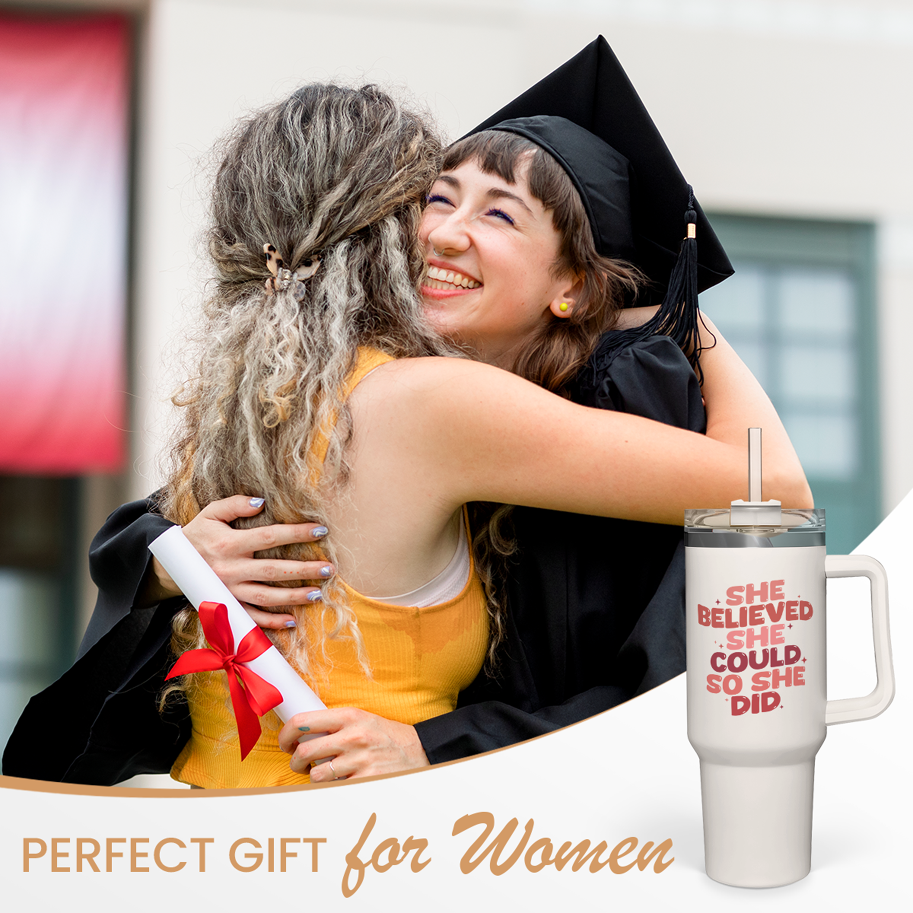 White Graduation Quencher Tumbler with Handle 40oz