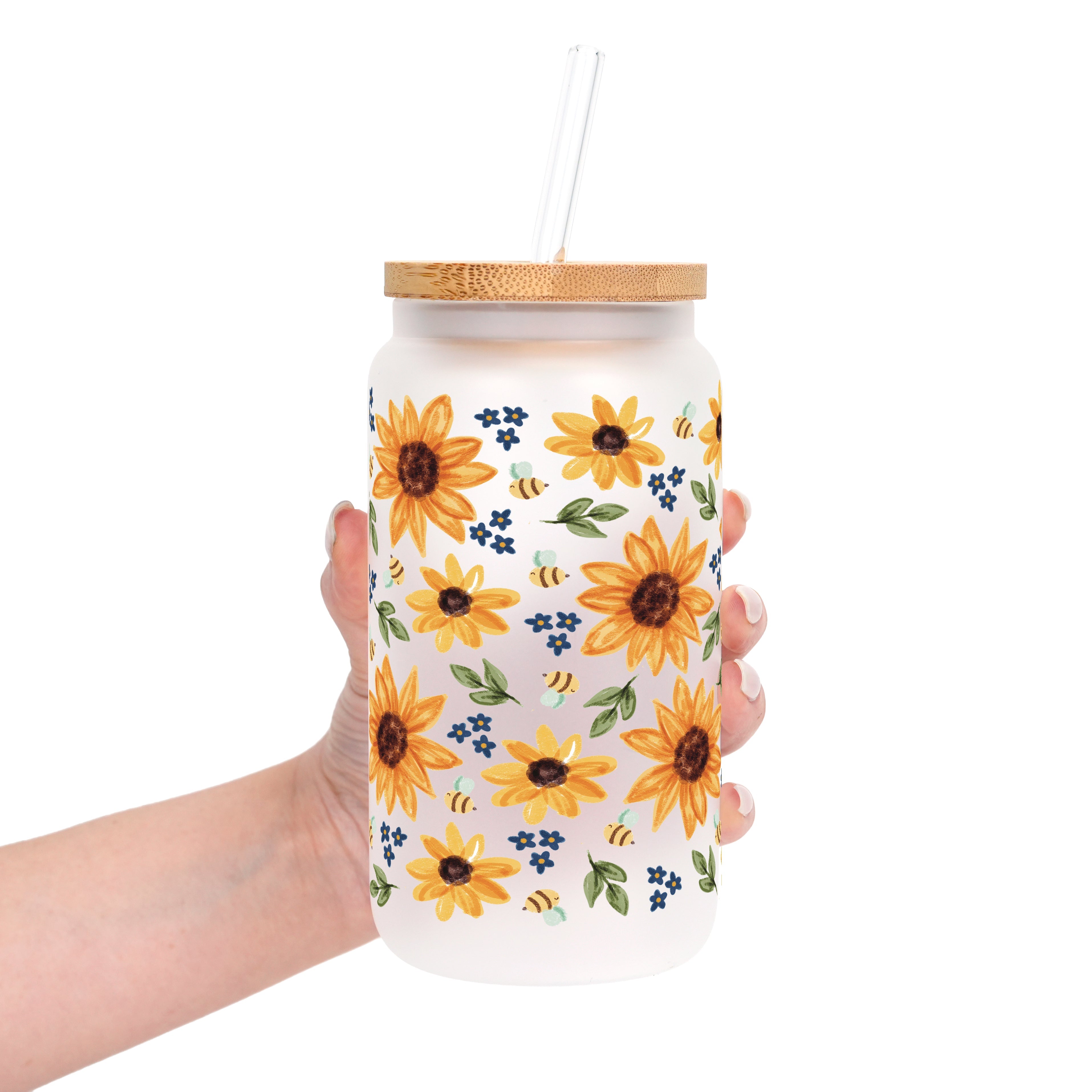 Sunflower With Bees Glass Cup, Mug & Tumbler with Lid and Straw