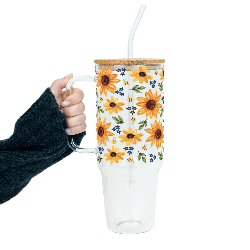 Sunflower With Bees Glass Cup, Mug & Tumbler with Lid and Straw