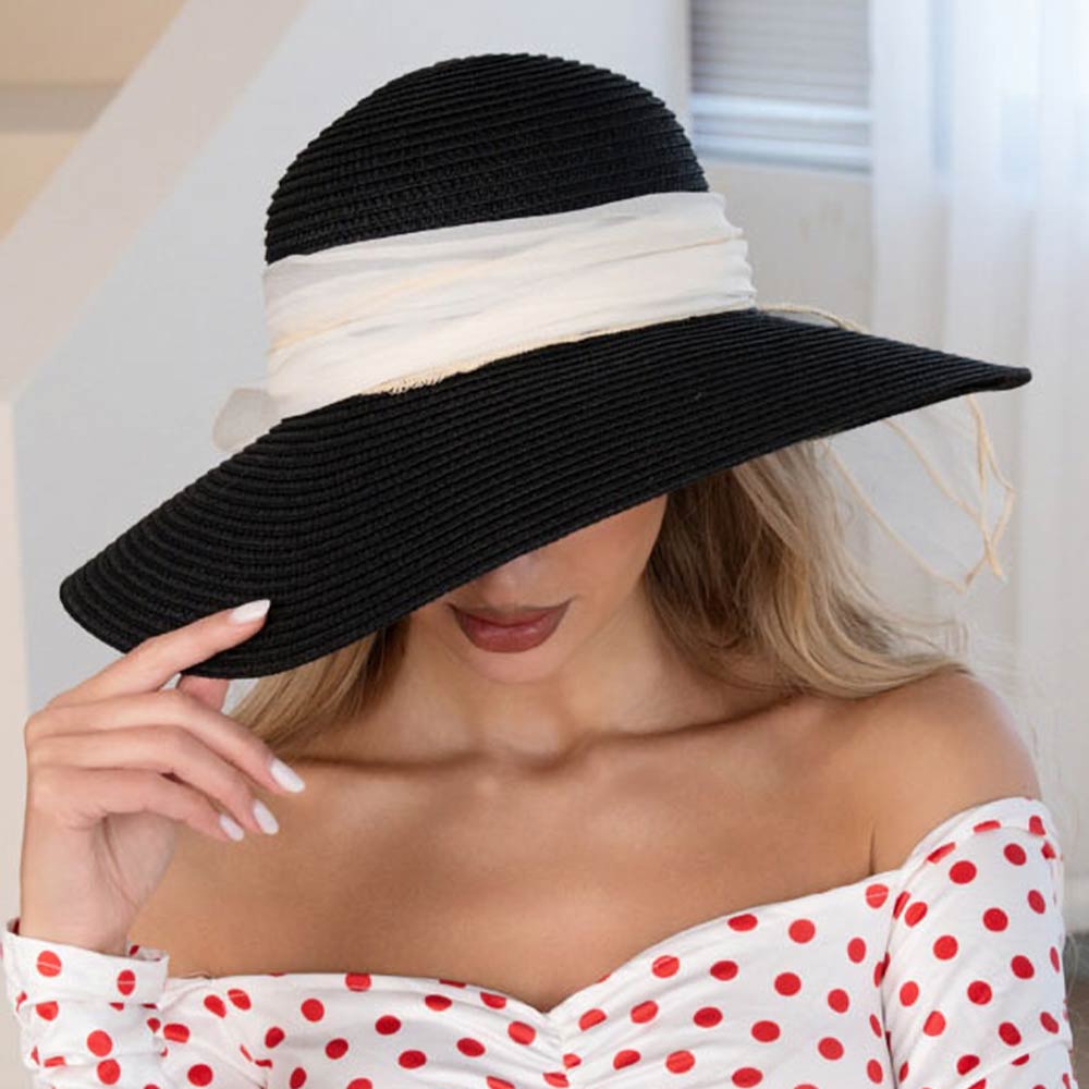 Oversized Bow Band Wide Brim Straw Sun Hat