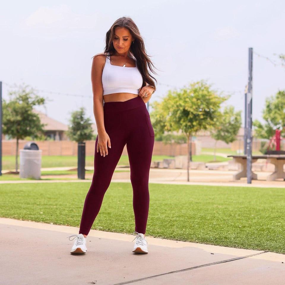 Molly - MAROON Crossover Full Length Leggings with Pockets