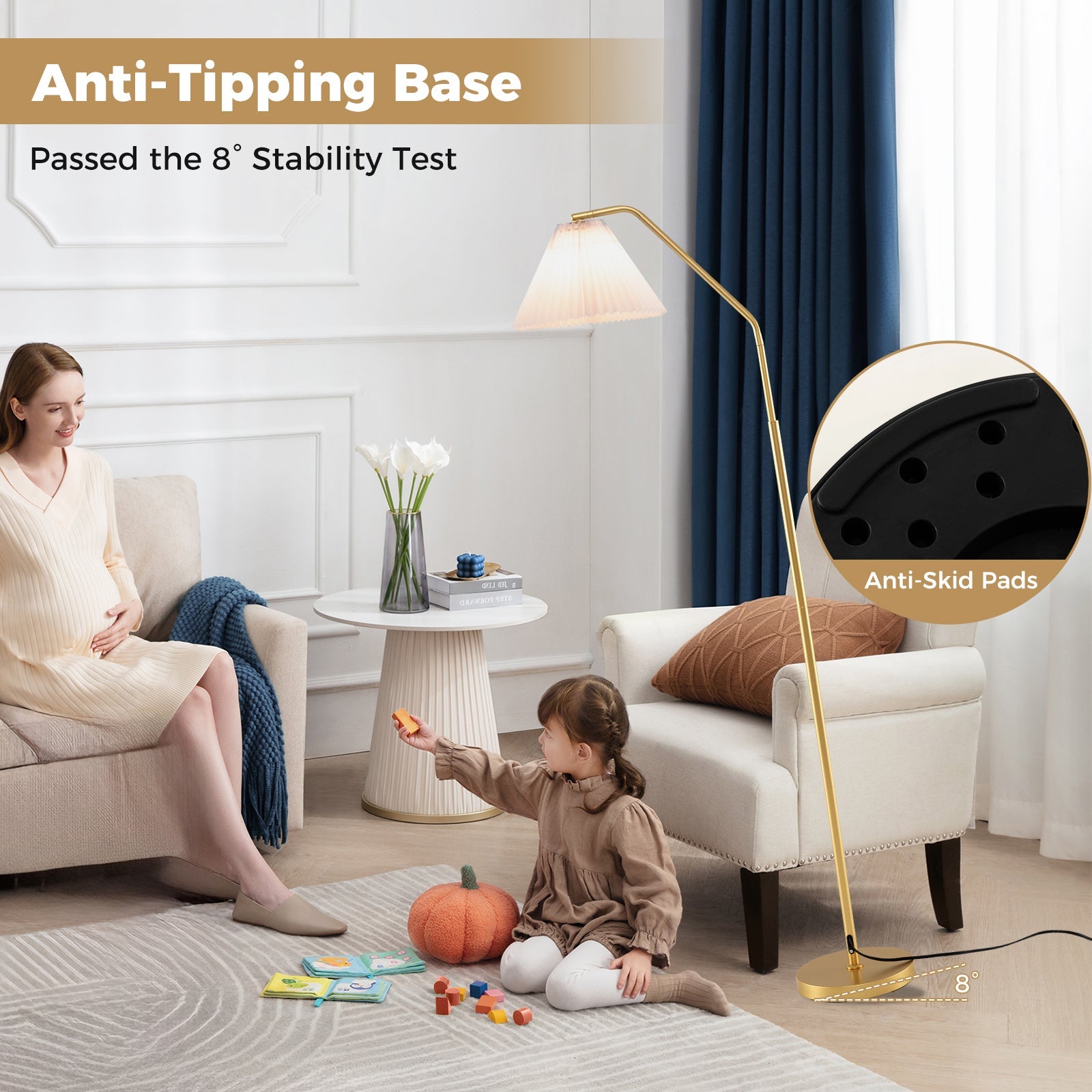 Modern Standing Lamp with Adjustable Lamp Head and Pleated Lampshade