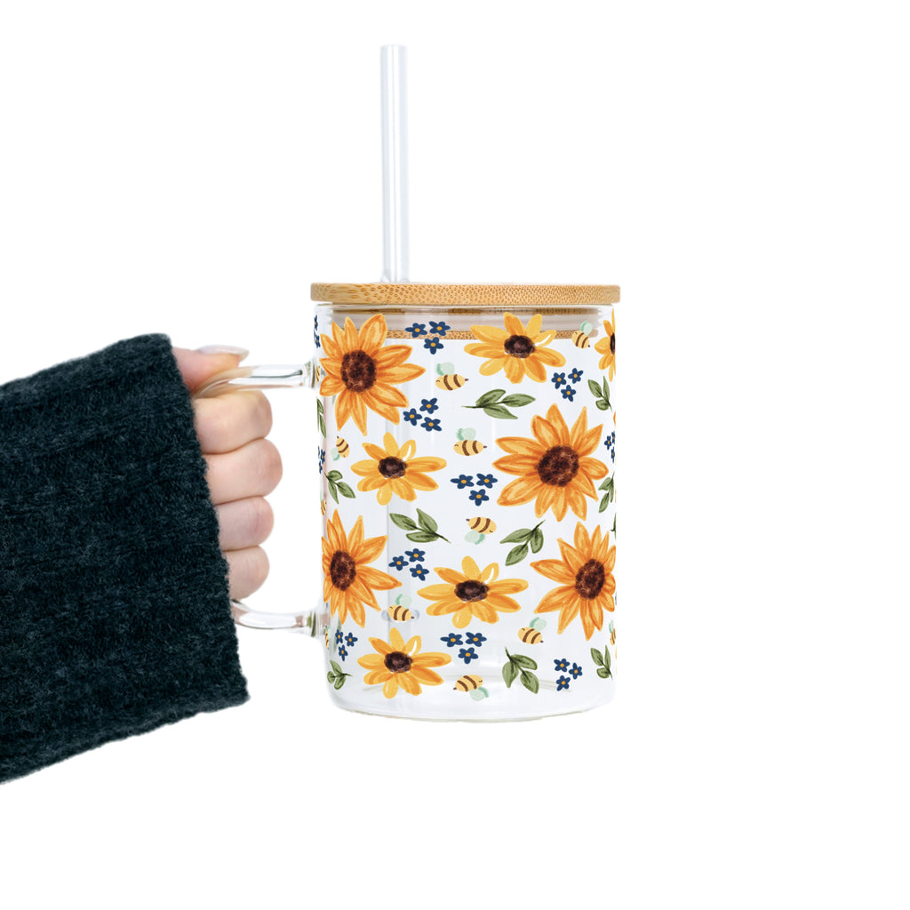 Sunflower With Bees Glass Cup, Mug & Tumbler with Lid and Straw