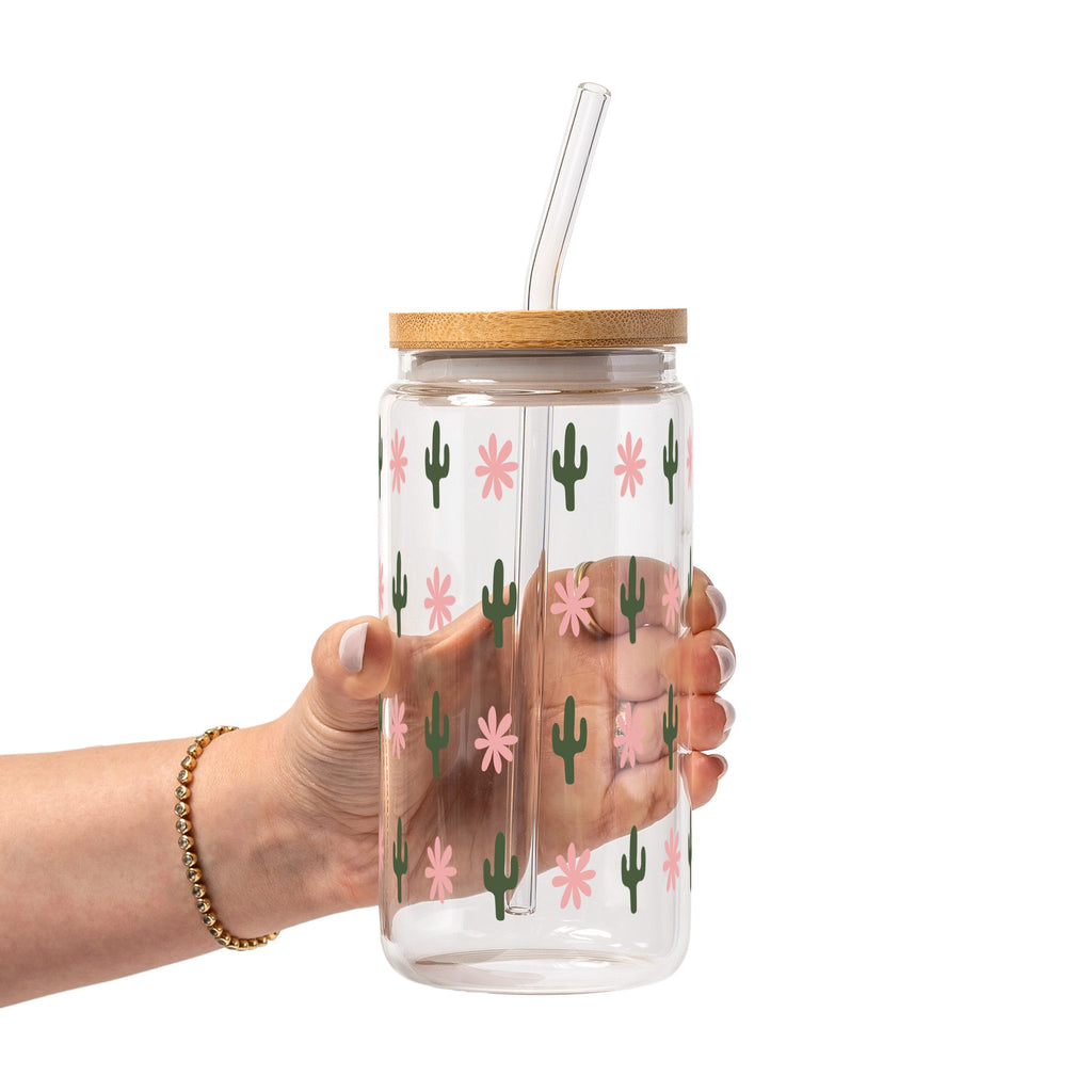 Western Mini Cacti Glass Cup, Mug & Tumbler with Lid and Straw