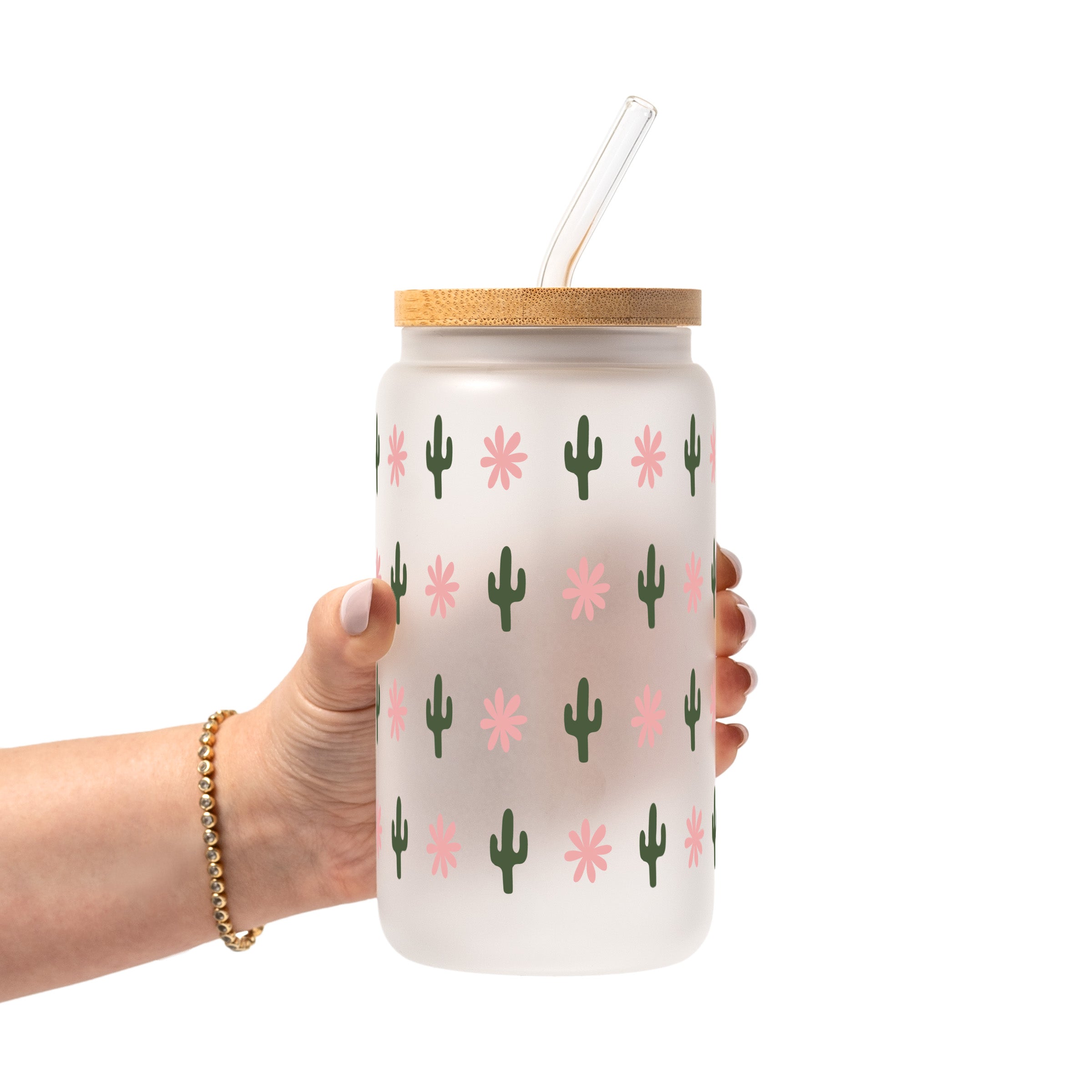 Western Mini Cacti Glass Cup, Mug & Tumbler with Lid and Straw
