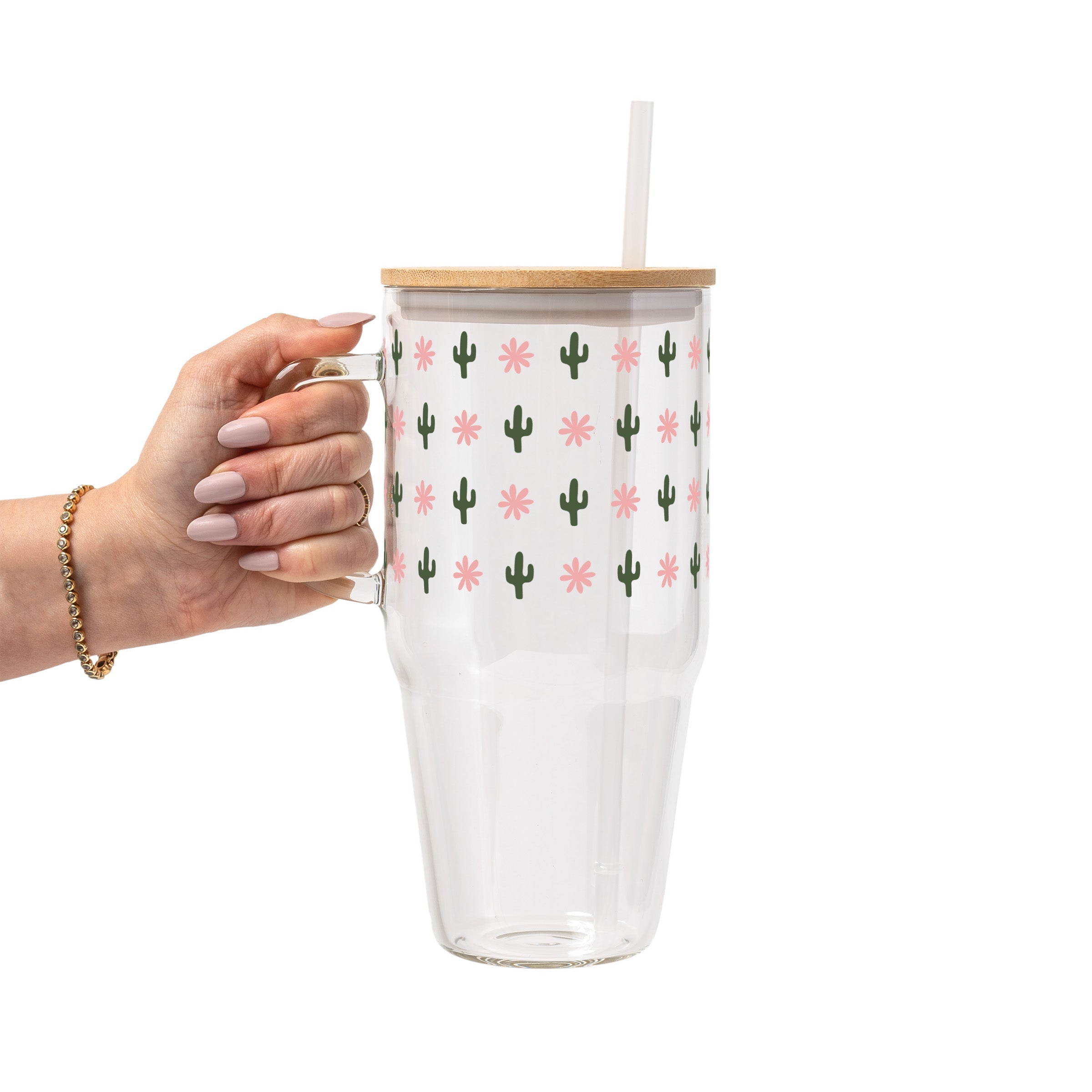 Western Mini Cacti Glass Cup, Mug & Tumbler with Lid and Straw
