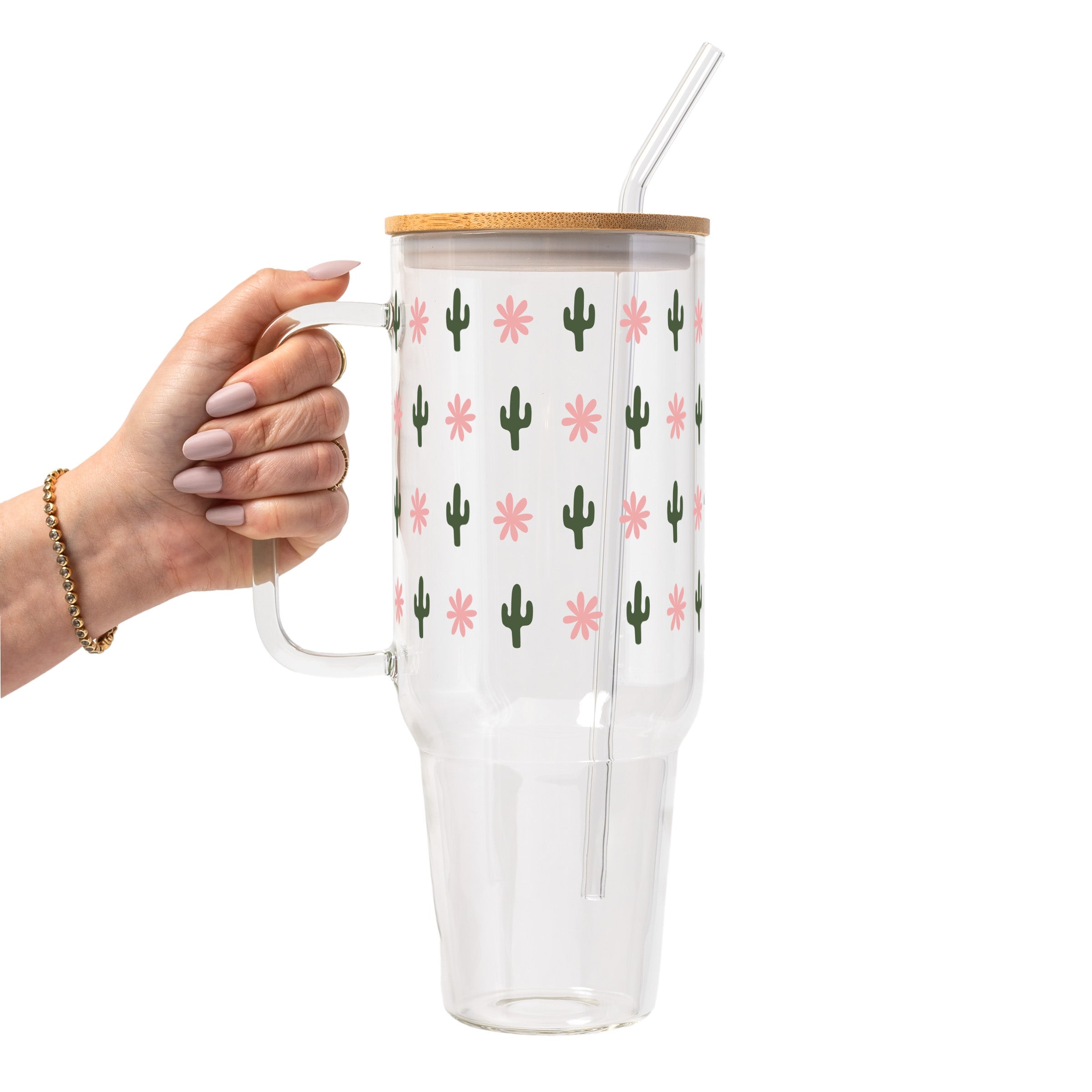 Western Mini Cacti Glass Cup, Mug & Tumbler with Lid and Straw