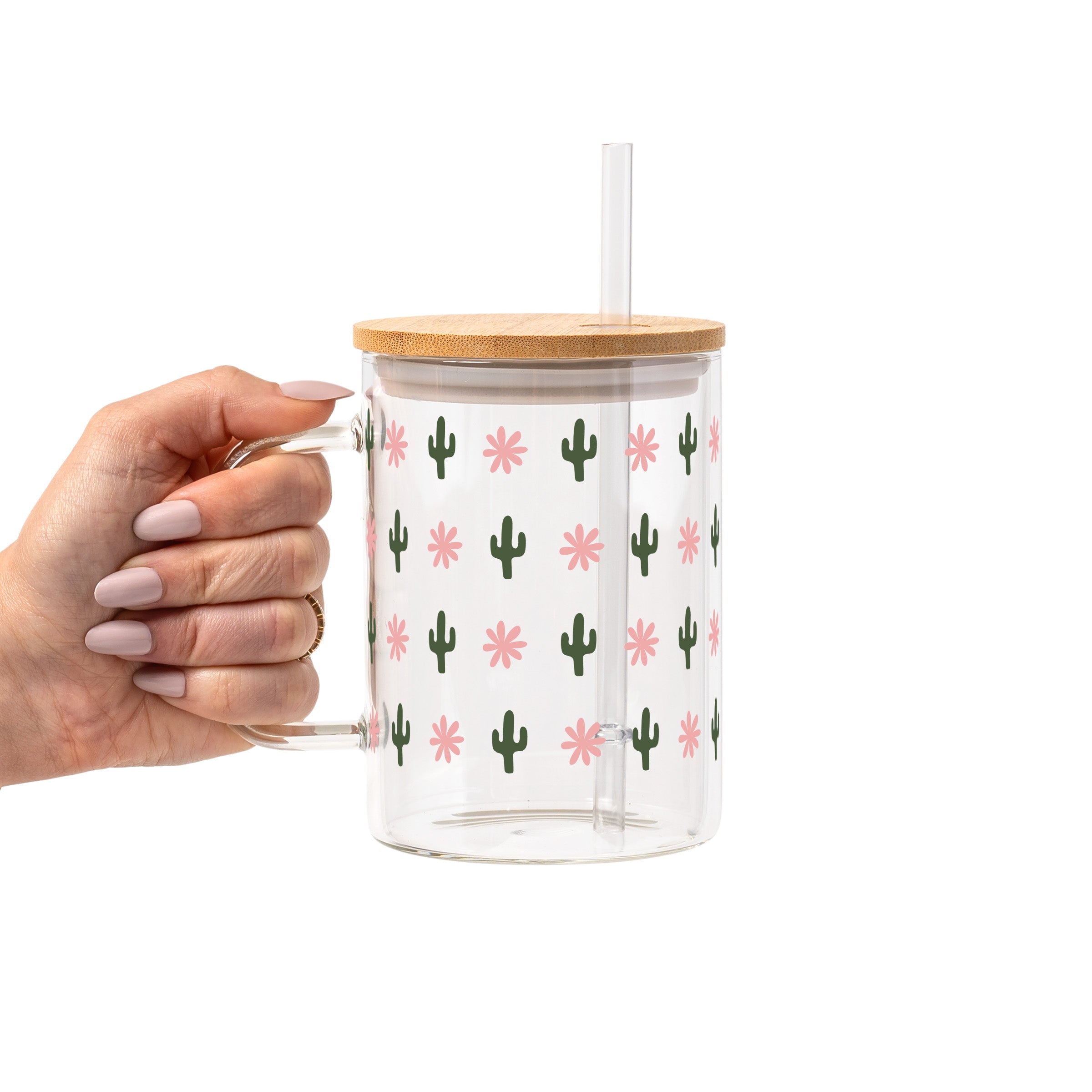 Western Mini Cacti Glass Cup, Mug & Tumbler with Lid and Straw