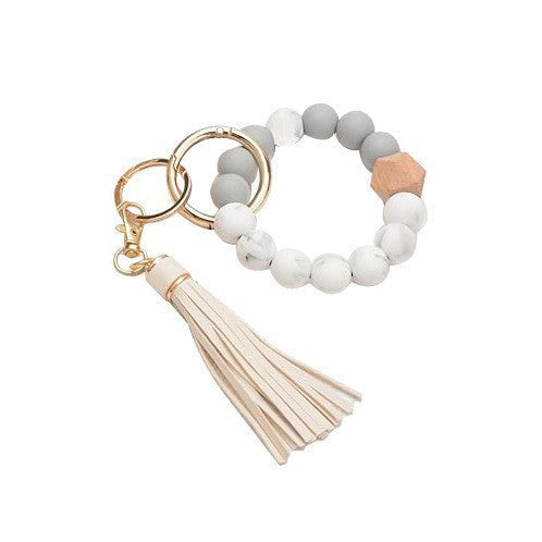 PU Tassel Keychain Women's Bag charm Silicone Beaded Keychain Wristlet Key Ring Bracelet Cute Car Key Chain Holder for Women Girls
