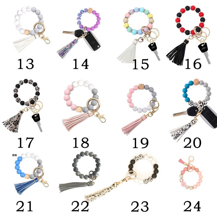 PU Tassel Keychain Women's Bag charm Silicone Beaded Keychain Wristlet Key Ring Bracelet Cute Car Key Chain Holder for Women Girls