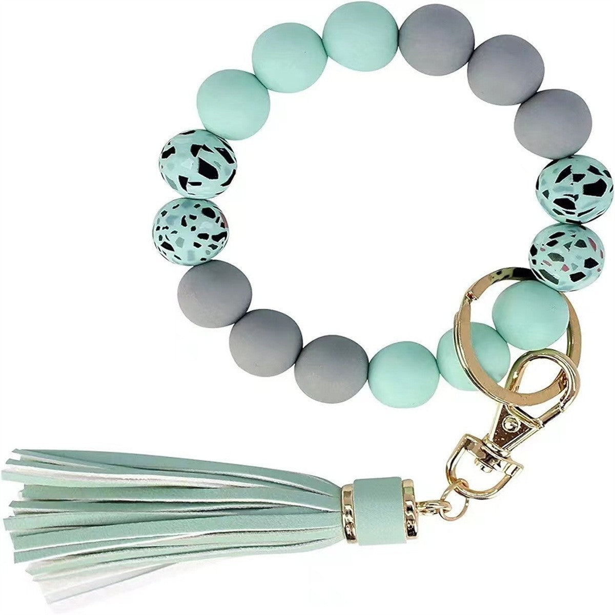 PU Tassel Keychain Bag charm Silicone Beaded Keychain Wristlet Key Ring Bracelet Cute Car Key Chain Holder for Women Girls