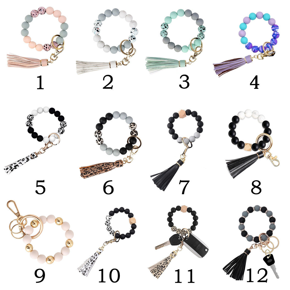 PU Tassel Keychain Women's Bag charm Silicone Beaded Keychain Wristlet Key Ring Bracelet Cute Car Key Chain Holder for Women Girls