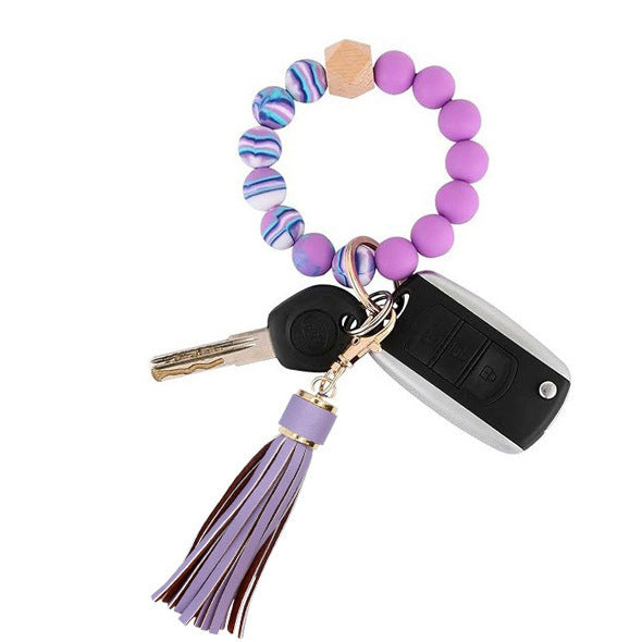 PU Tassel Keychain Women's Bag charm Silicone Beaded Keychain Wristlet Key Ring Bracelet Cute Car Key Chain Holder for Women Girls