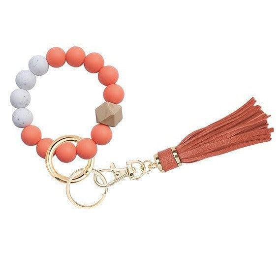 PU Tassel Keychain Women's Bag charm Silicone Beaded Keychain Wristlet Key Ring Bracelet Cute Car Key Chain Holder for Women Girls