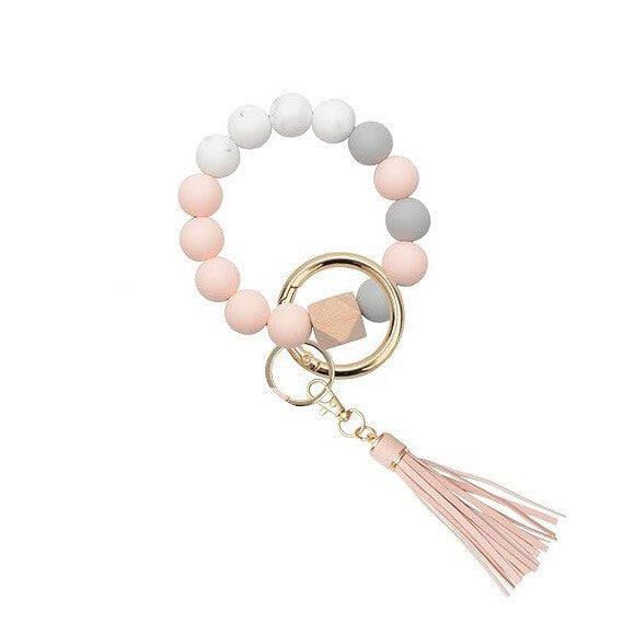 PU Tassel Keychain Women's Bag charm Silicone Beaded Keychain Wristlet Key Ring Bracelet Cute Car Key Chain Holder for Women Girls