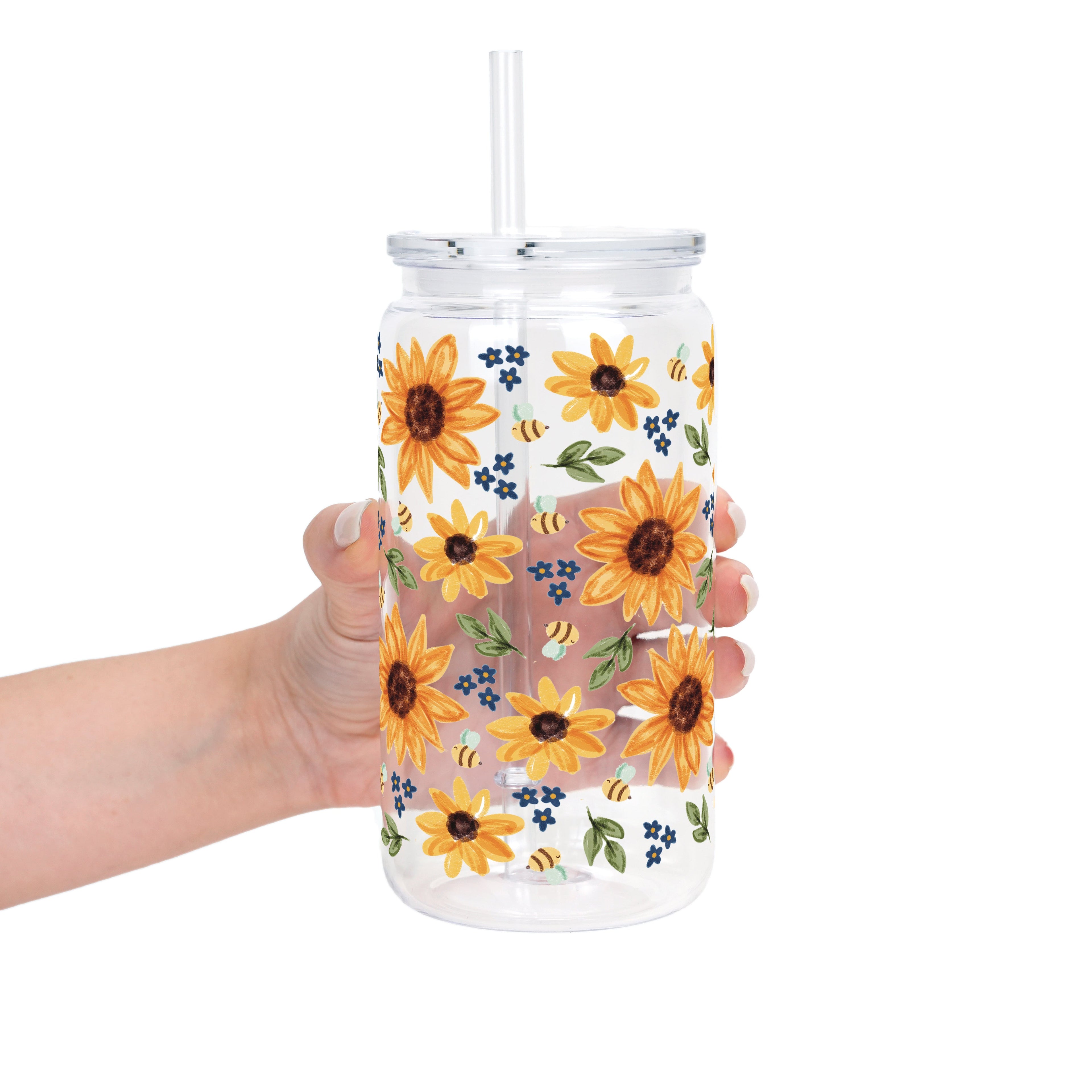 Sunflower With Bees Glass Cup, Mug & Tumbler with Lid and Straw