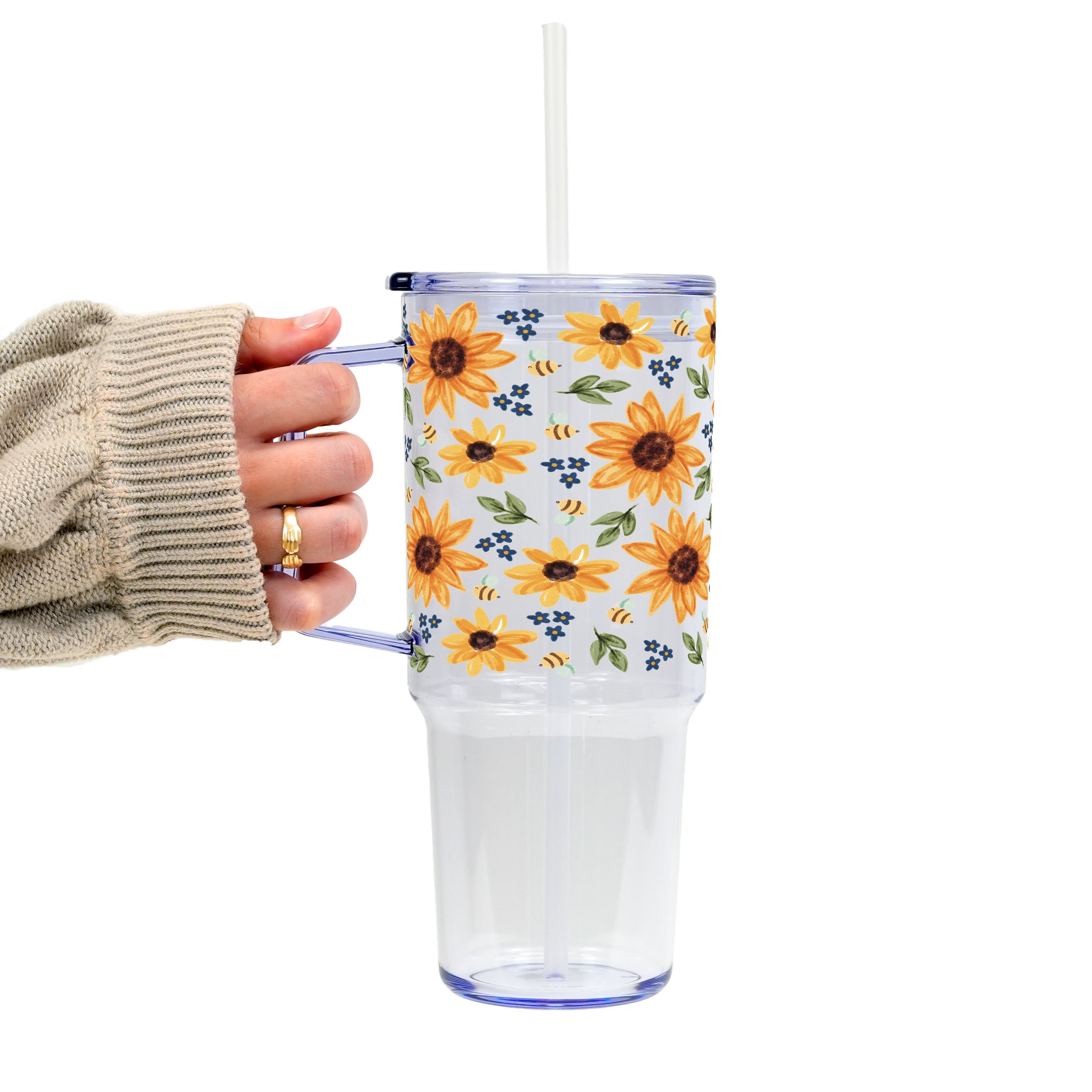 Sunflower With Bees Glass Cup, Mug & Tumbler with Lid and Straw