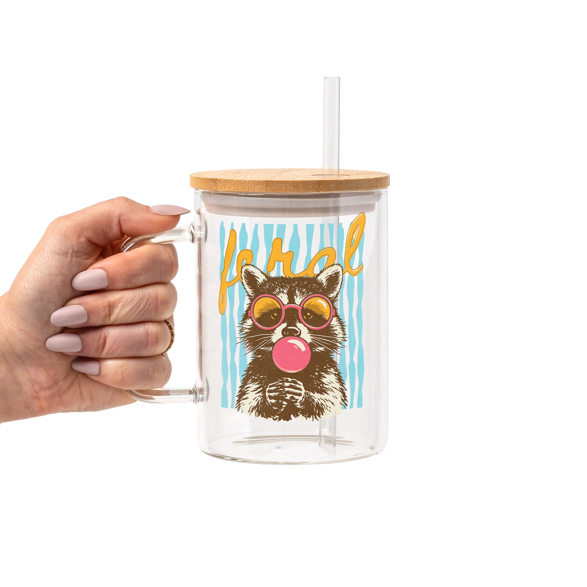 Retro Feral Raccoon Glass Cup, Mug & Tumbler with Lid and Straw