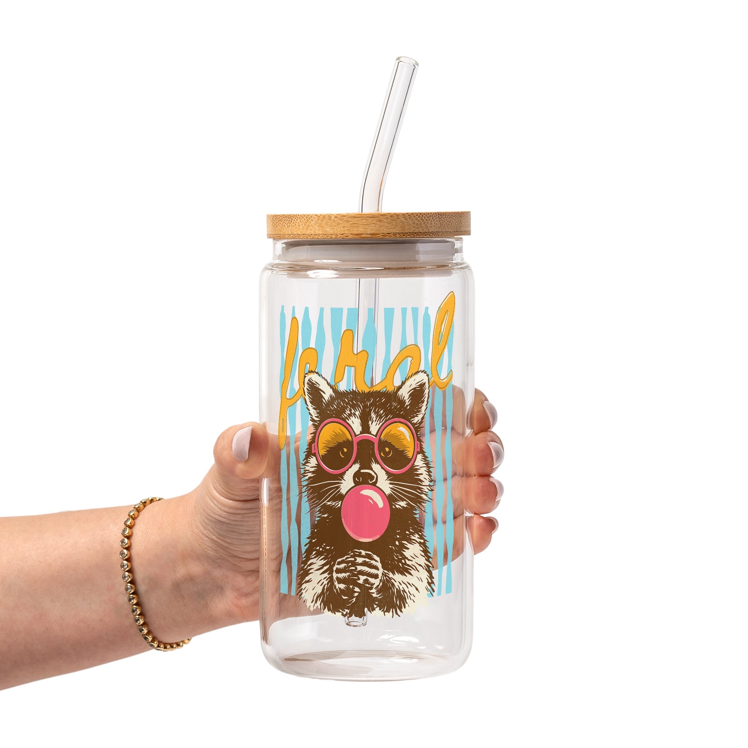 Retro Feral Raccoon Glass Cup, Mug & Tumbler with Lid and Straw